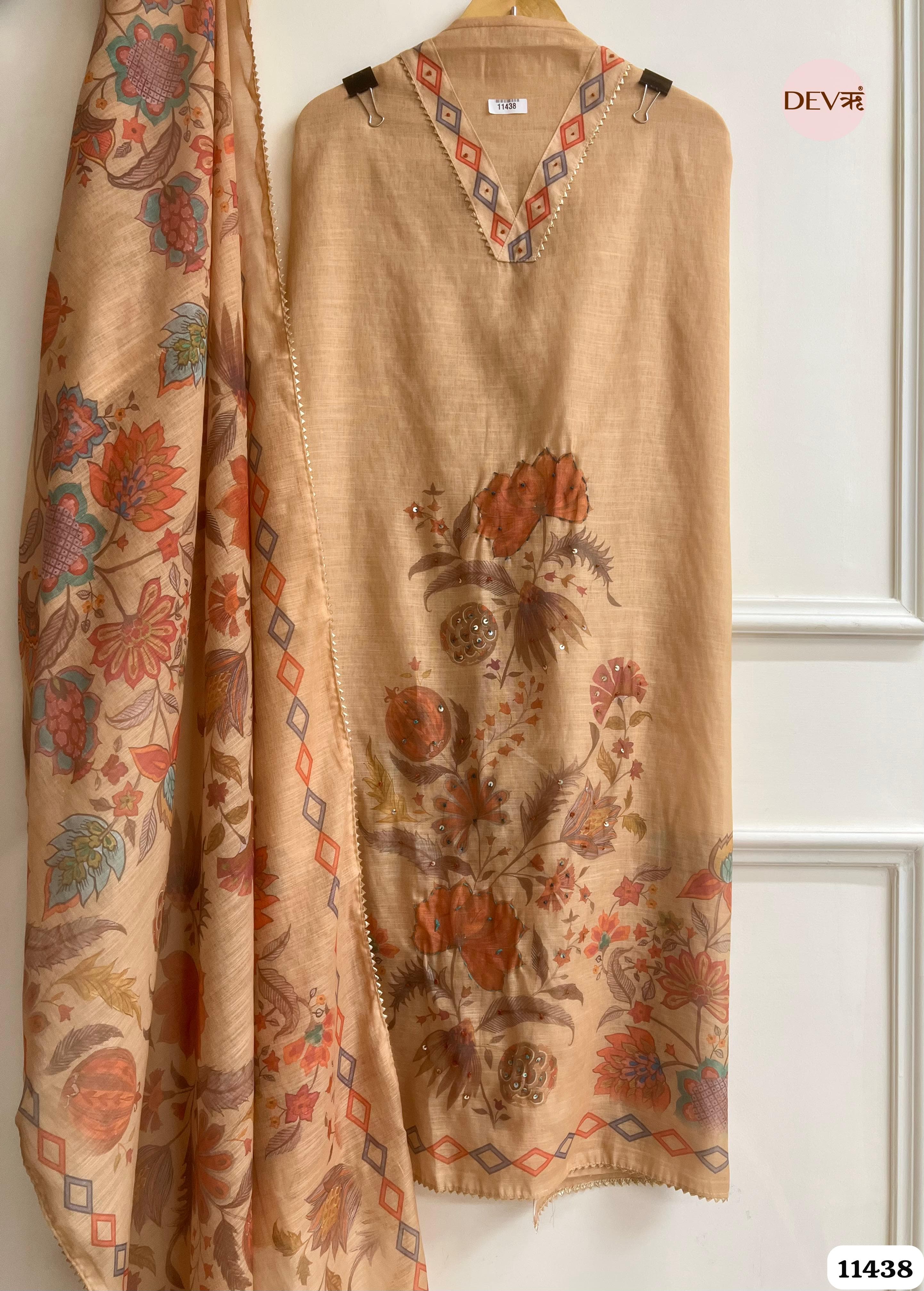 Light Brown Linen Printed Unstitched Hand Embroidered -Set Of 3 {11438}