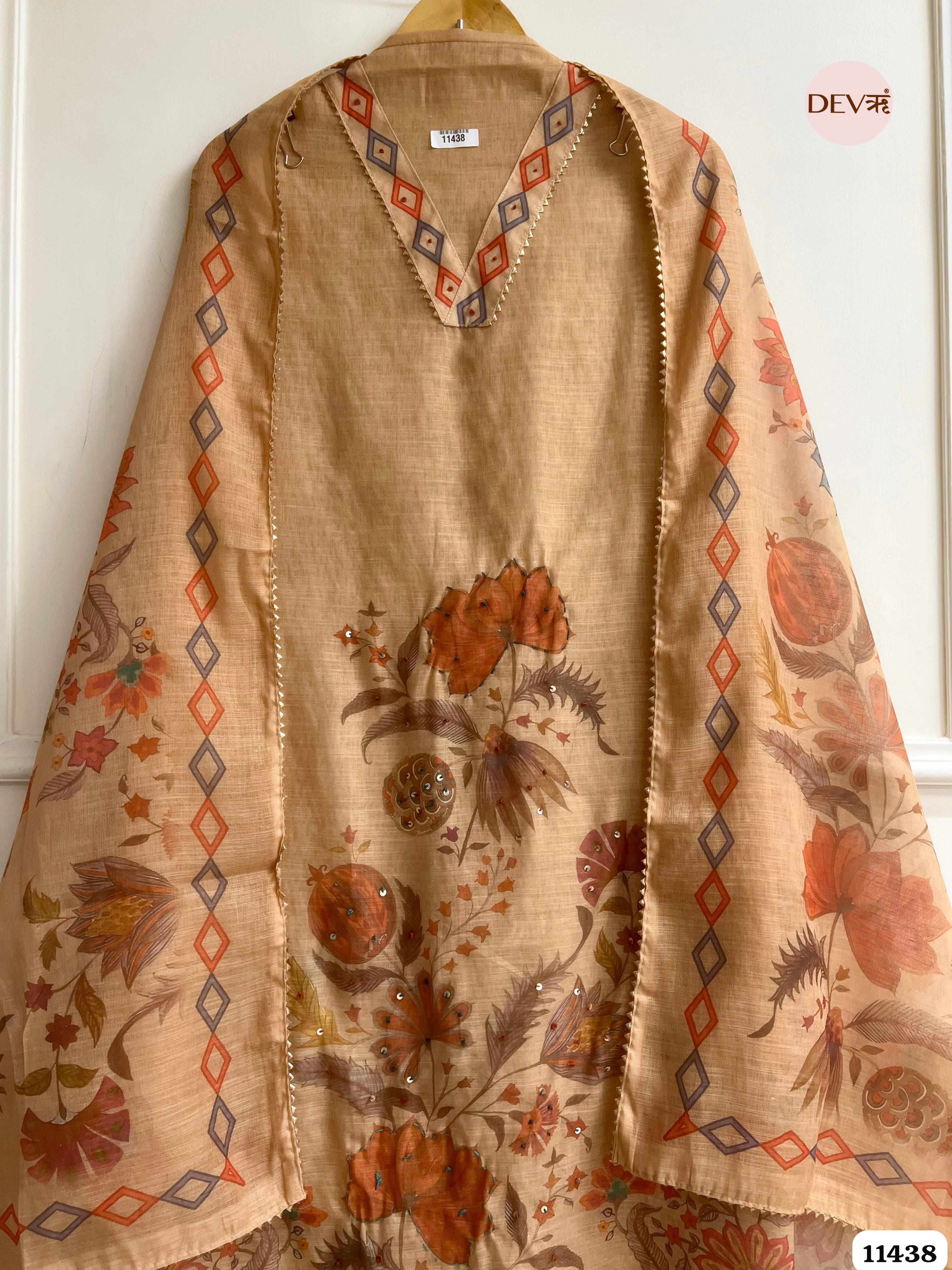 Light Brown Linen Printed Unstitched Hand Embroidered -Set Of 3 {11438}