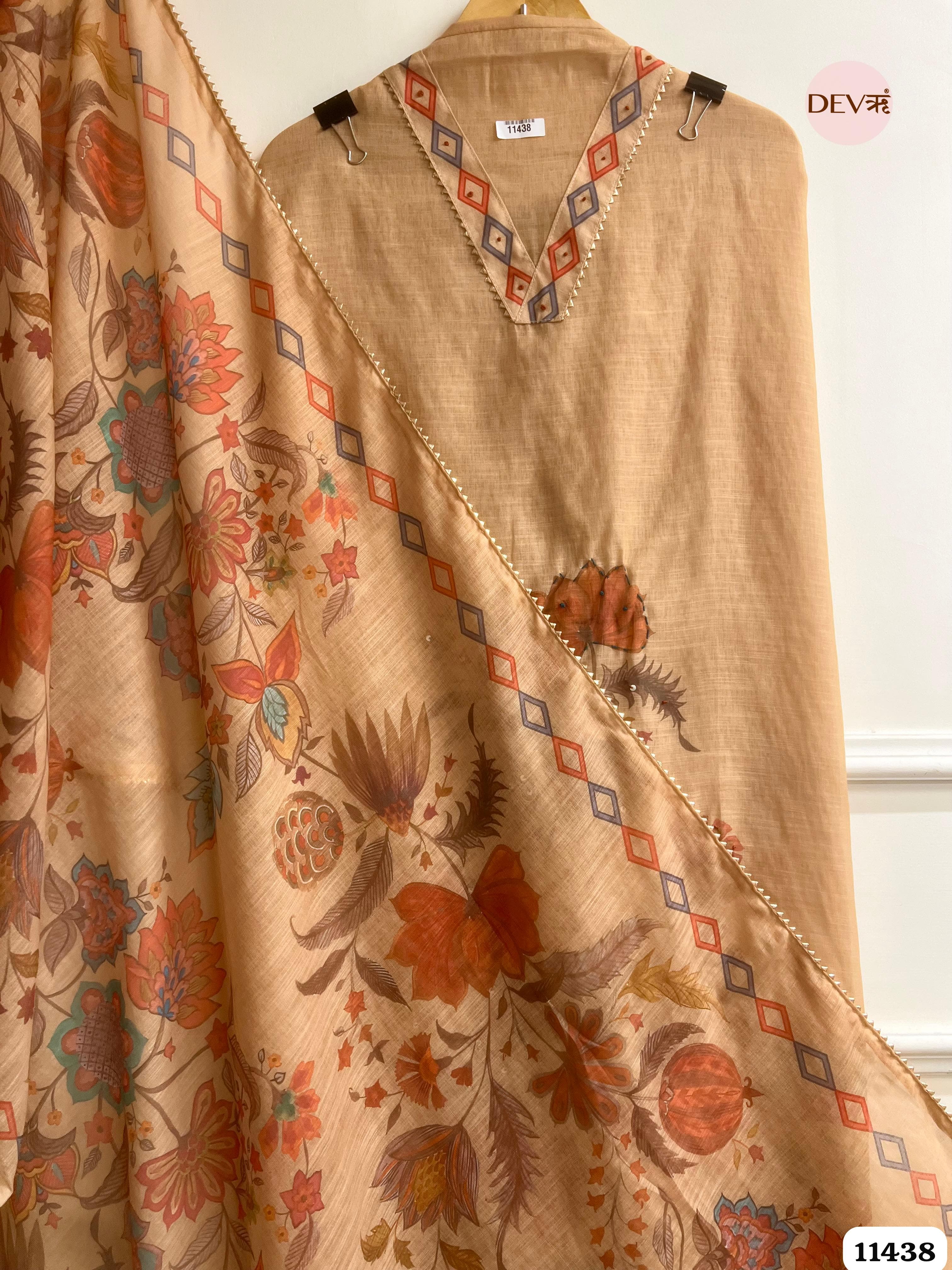 Light Brown Linen Printed Unstitched Hand Embroidered -Set Of 3 {11438}