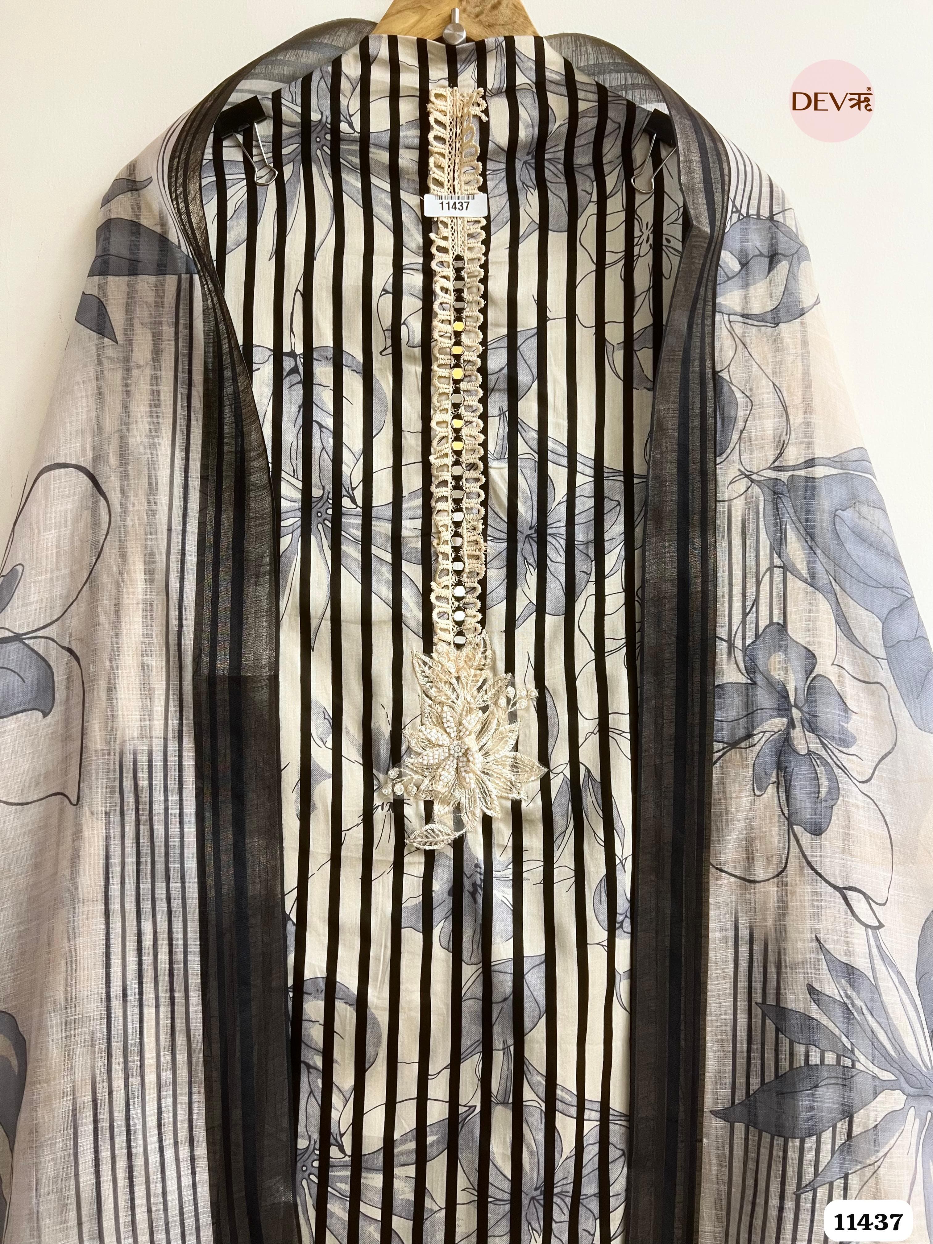 White Linen printed Unstitched hand embroidered -Set Of 3 {11437}