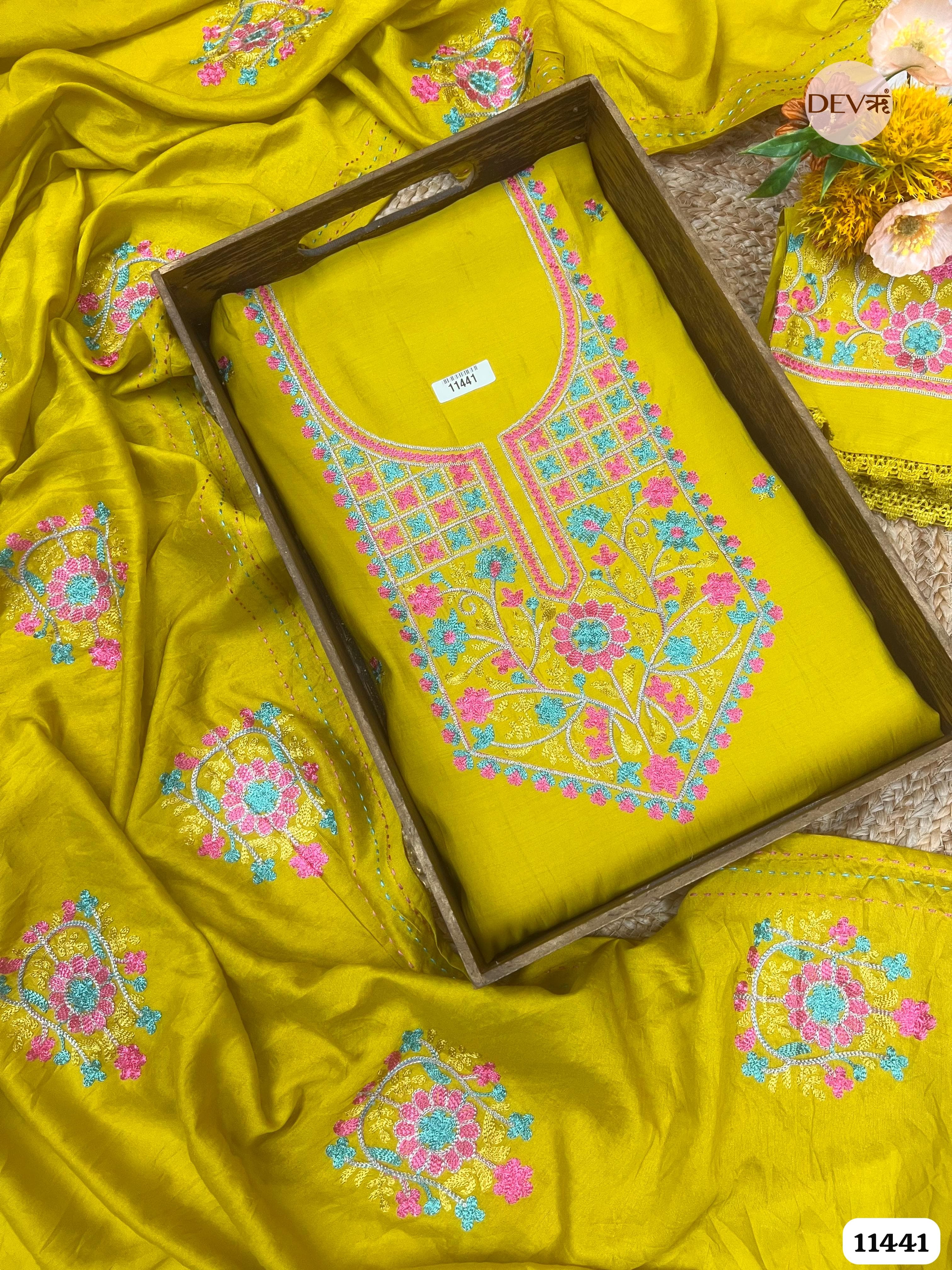 Bright Yellow Modal Silk Unstitched Embroidered -Set Of 3