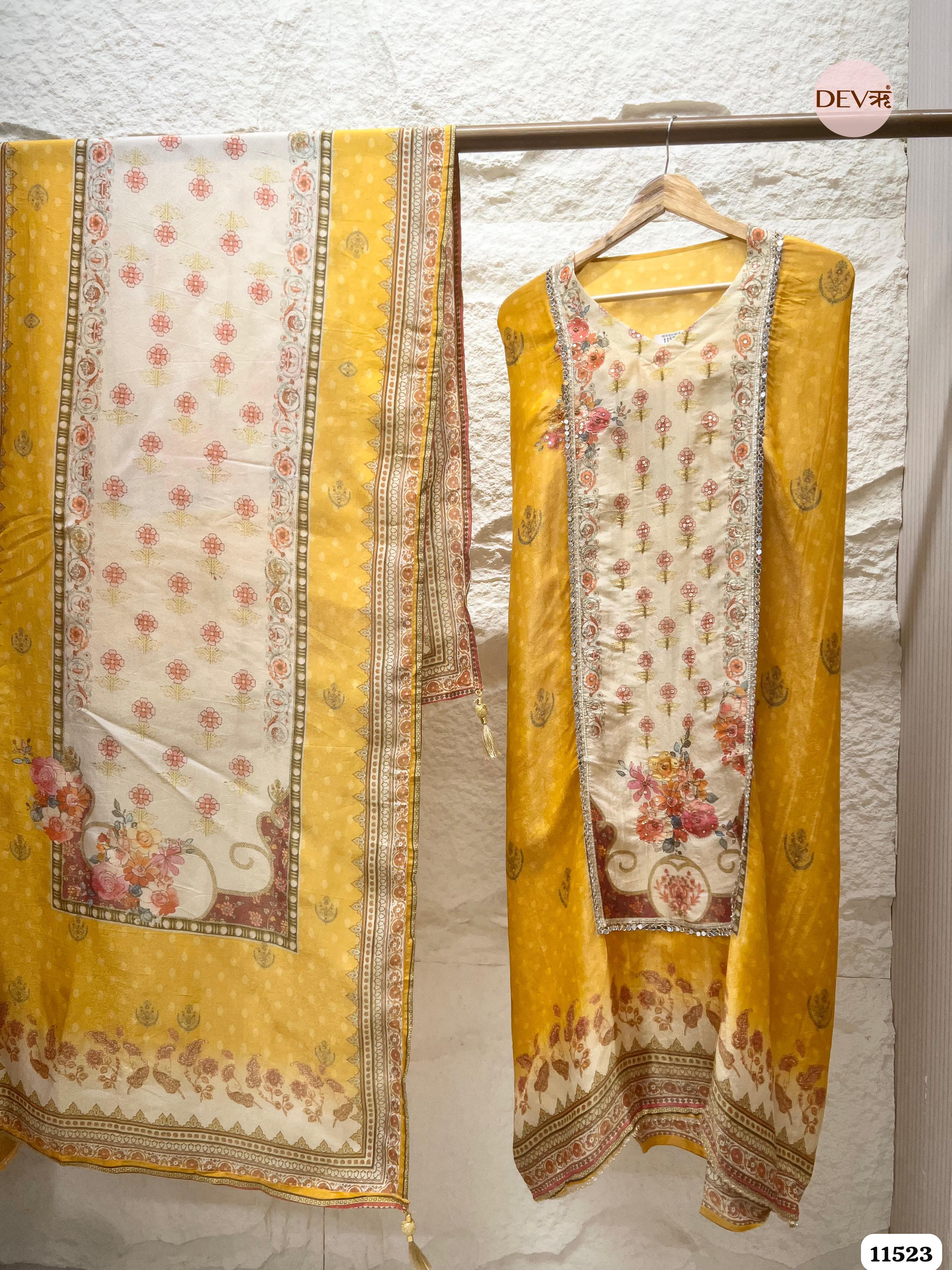 Yellow Tissue Silk Unstitched Hand Embroidered -Set Of 3 {11523}
