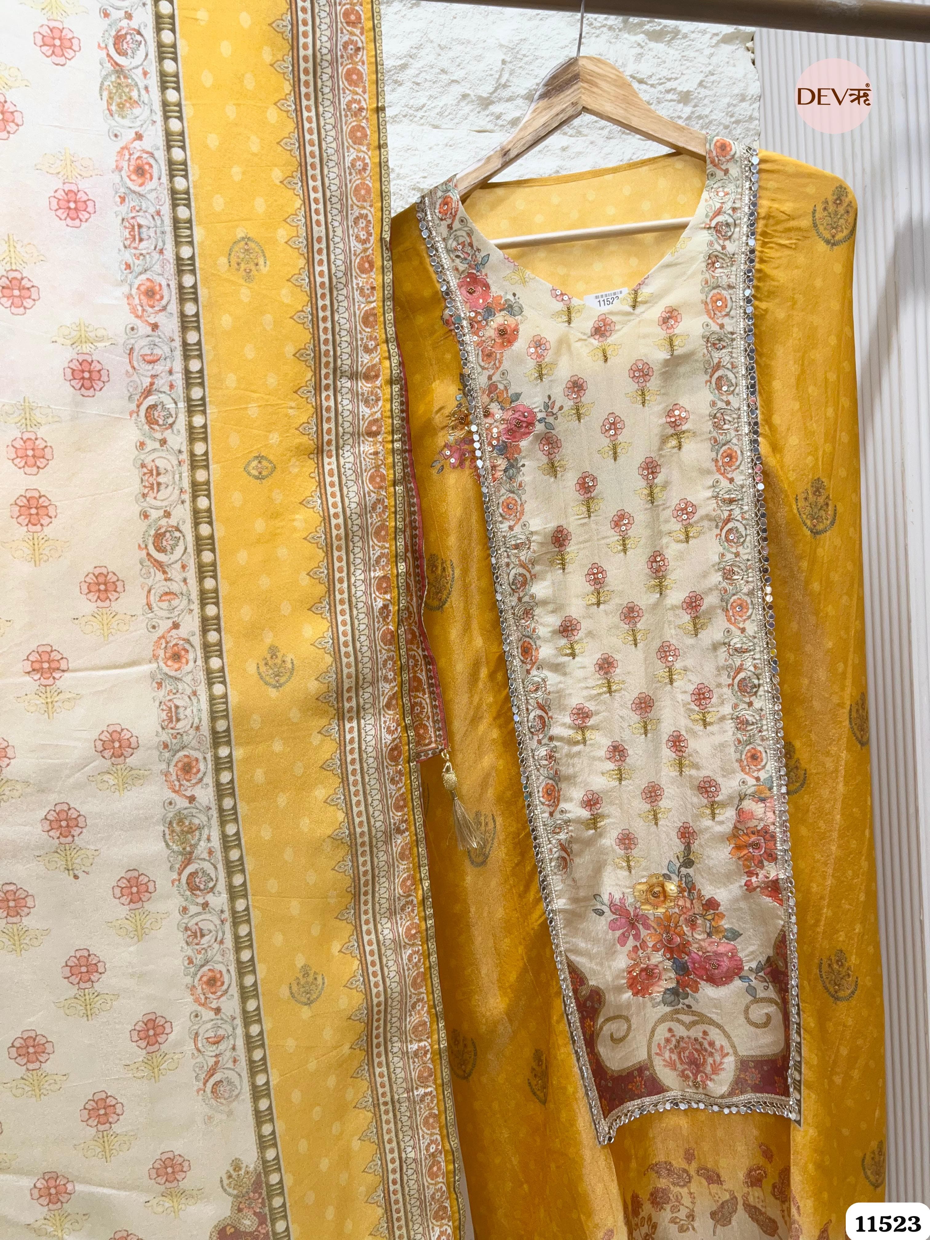 Yellow Tissue Silk Unstitched Hand Embroidered -Set Of 3 {11523}