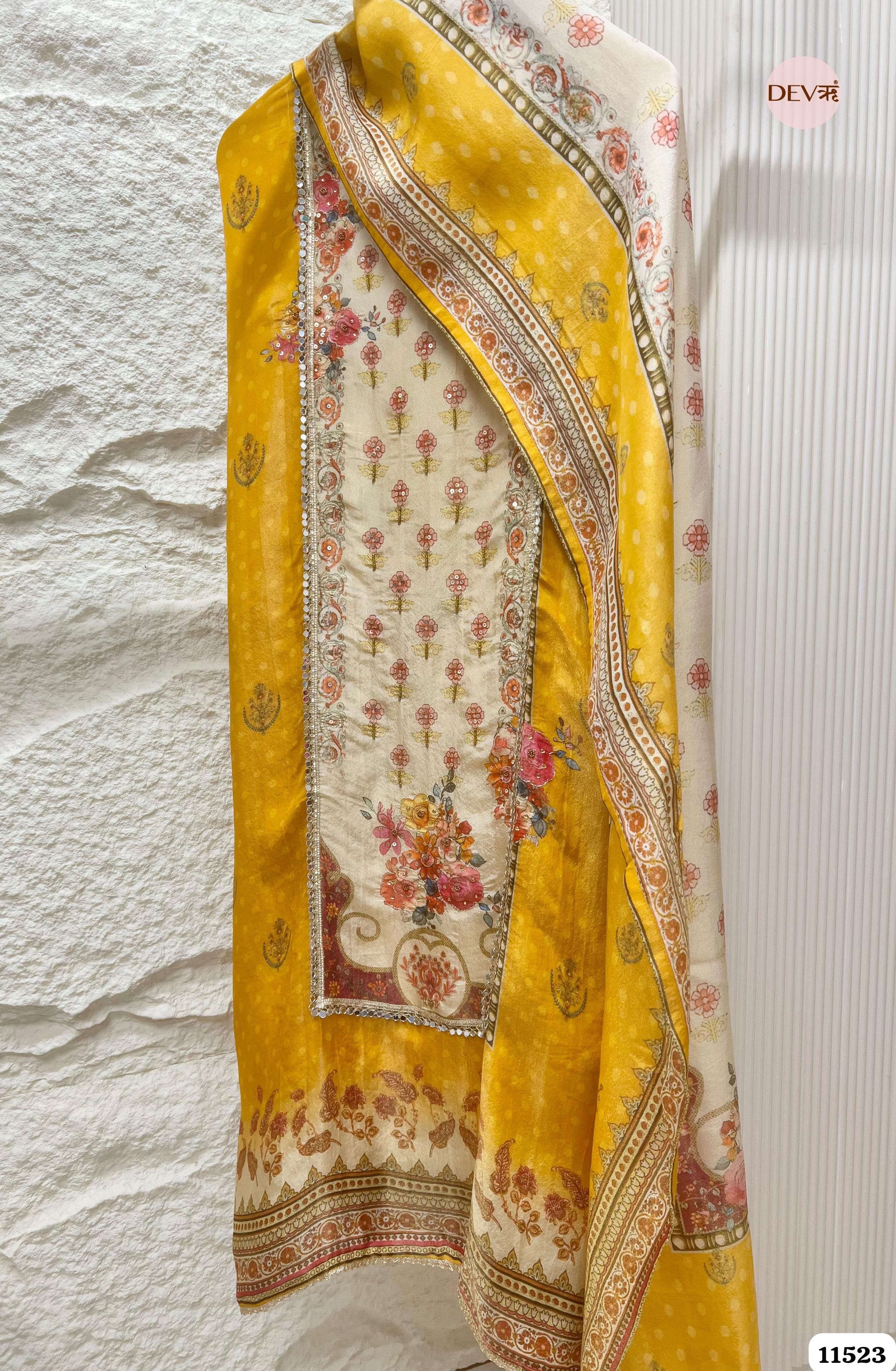 Yellow Tissue Silk Unstitched Hand Embroidered -Set Of 3 {11523}