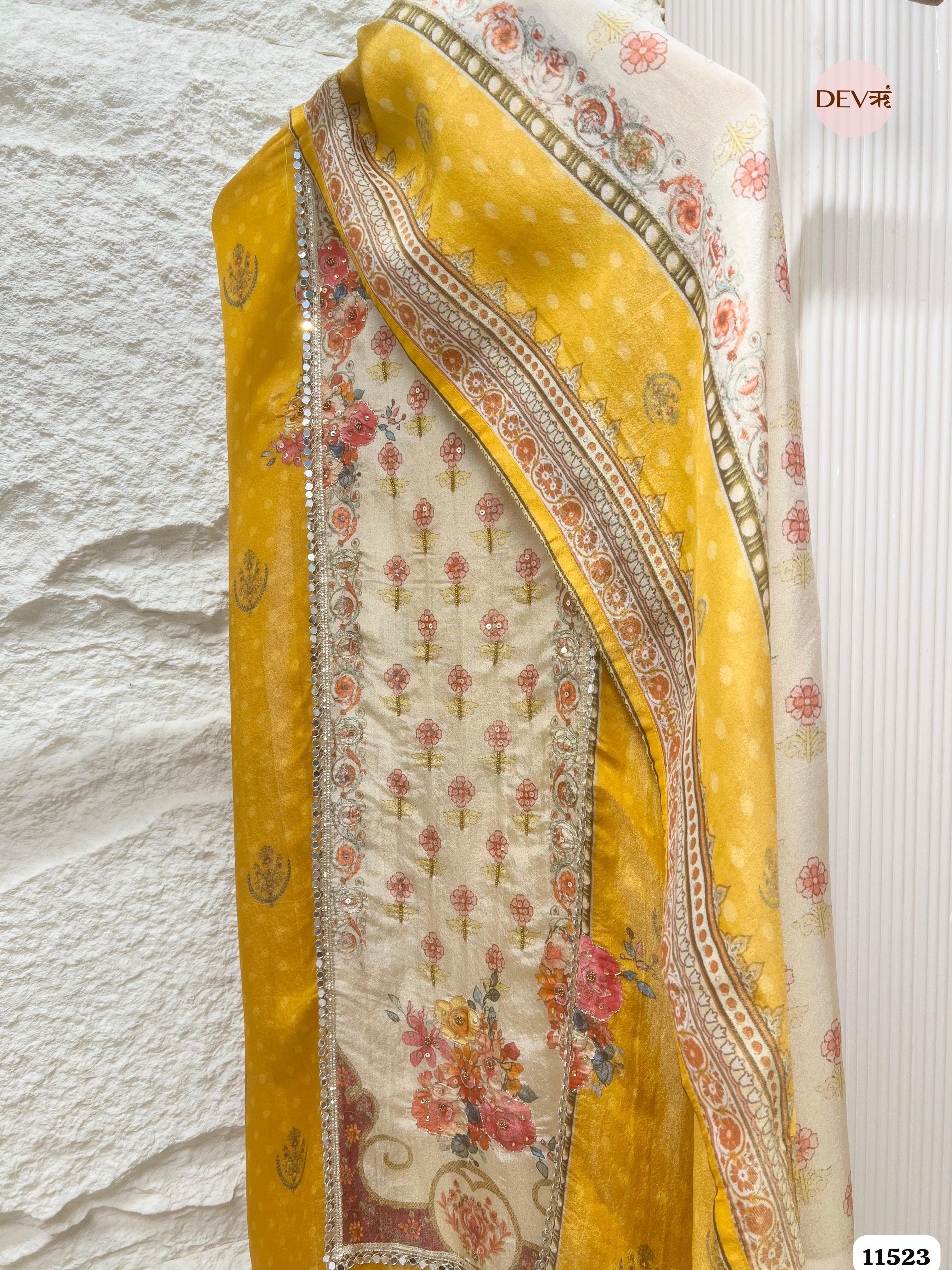 Yellow Tissue Silk Unstitched Hand Embroidered -Set Of 3 {11523}