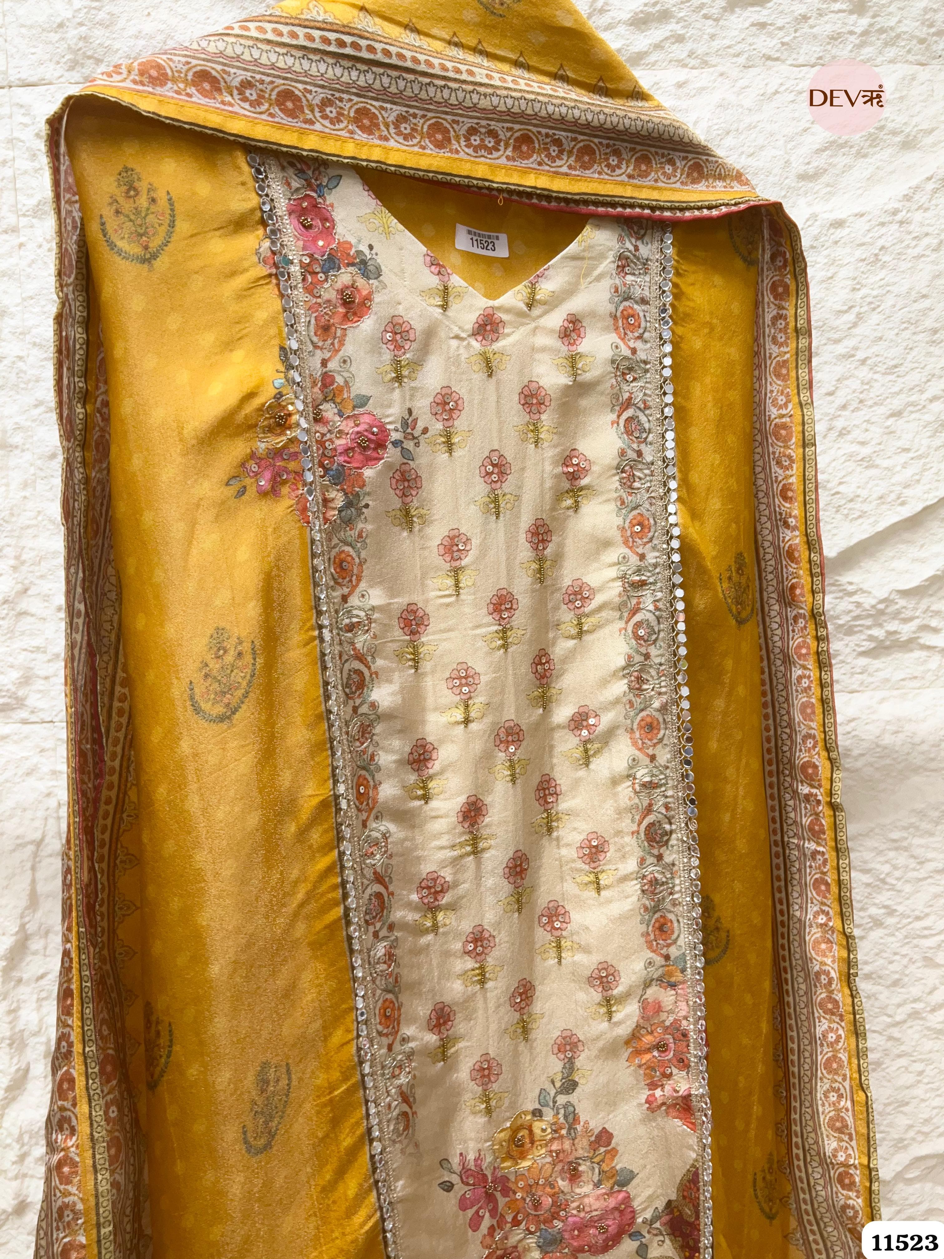 Yellow Tissue Silk Unstitched Hand Embroidered -Set Of 3 {11523}