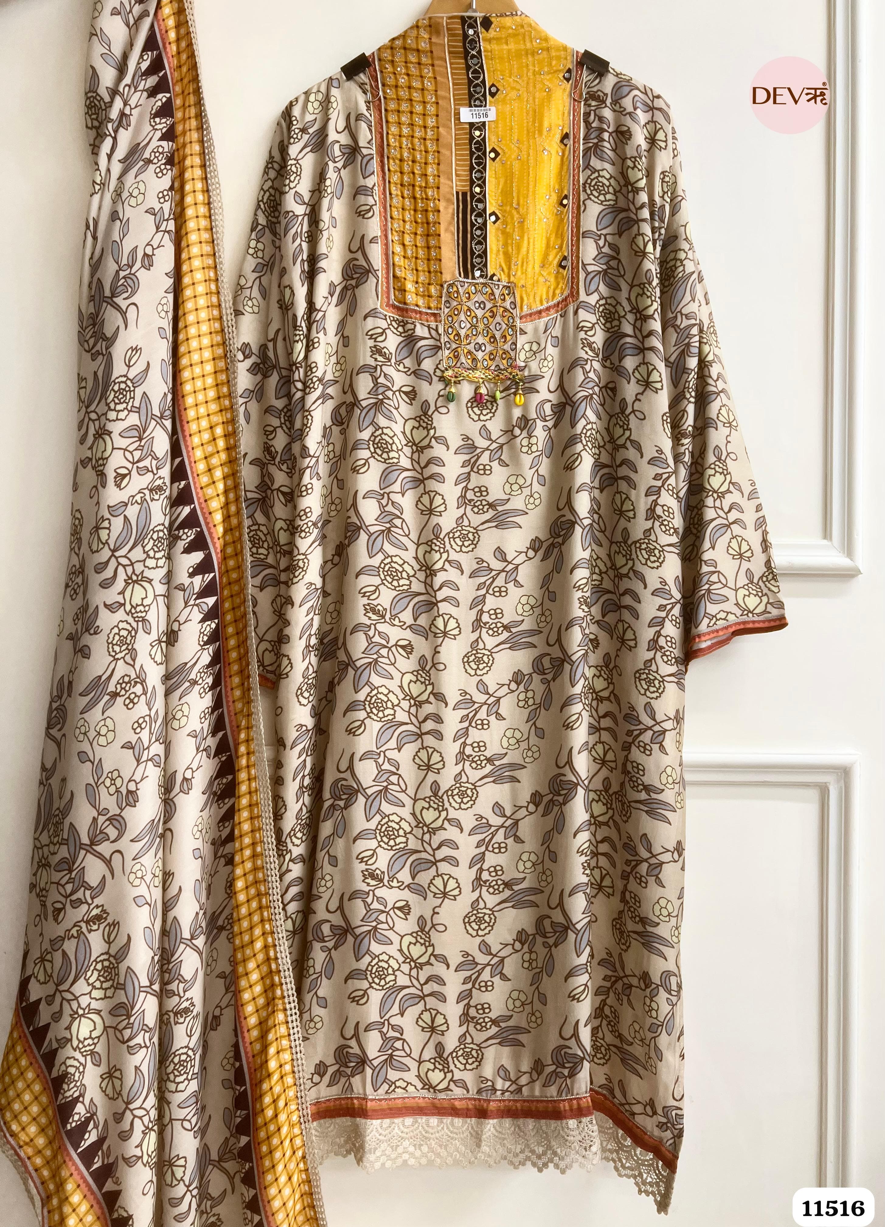 Light Beige Or Cream Muslin Printed Semi-Stitched hand Embroidered -Set Of 3 {11516}