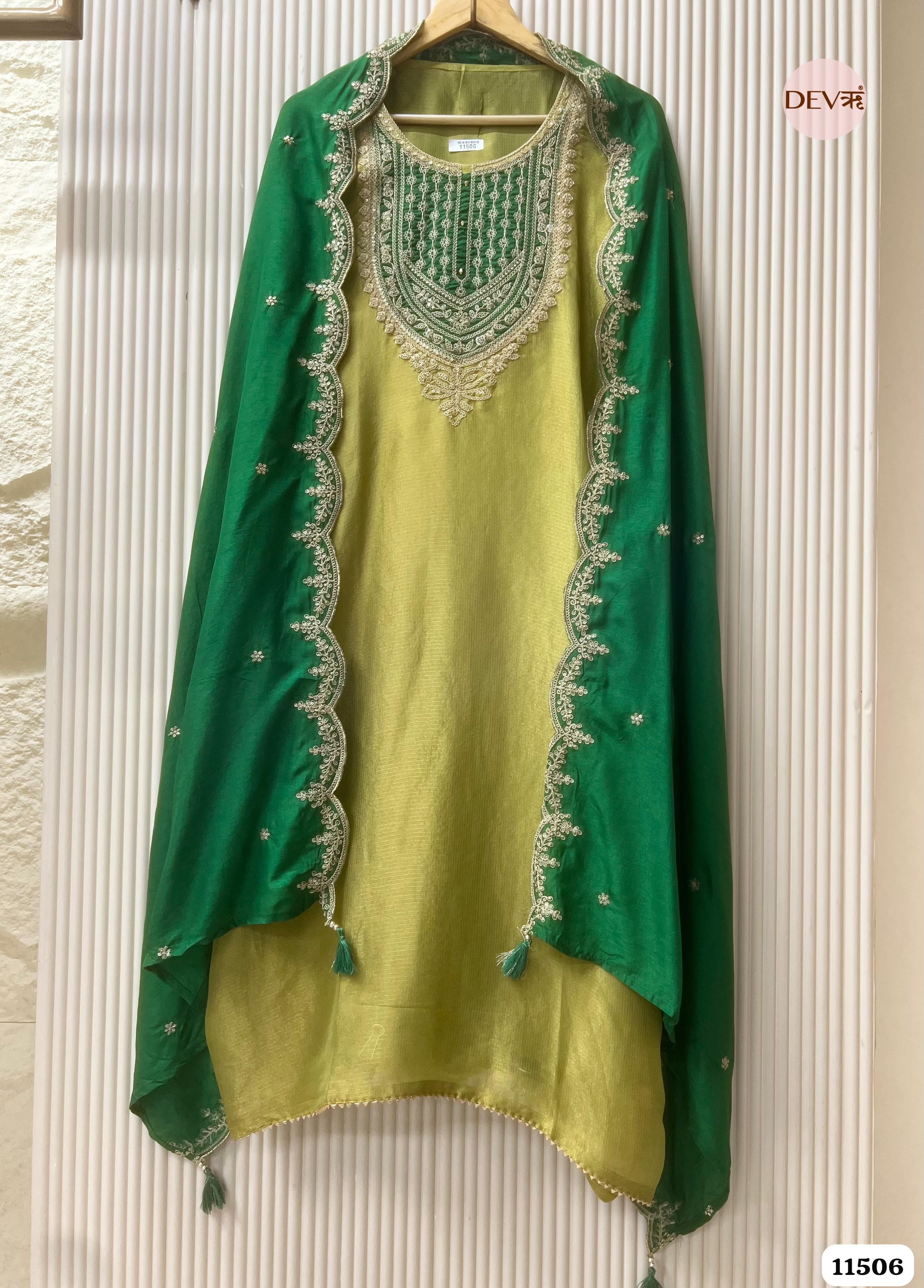 Lime Green Tissue Silk Unstitched Embroidered -Set Of 3 {11506}