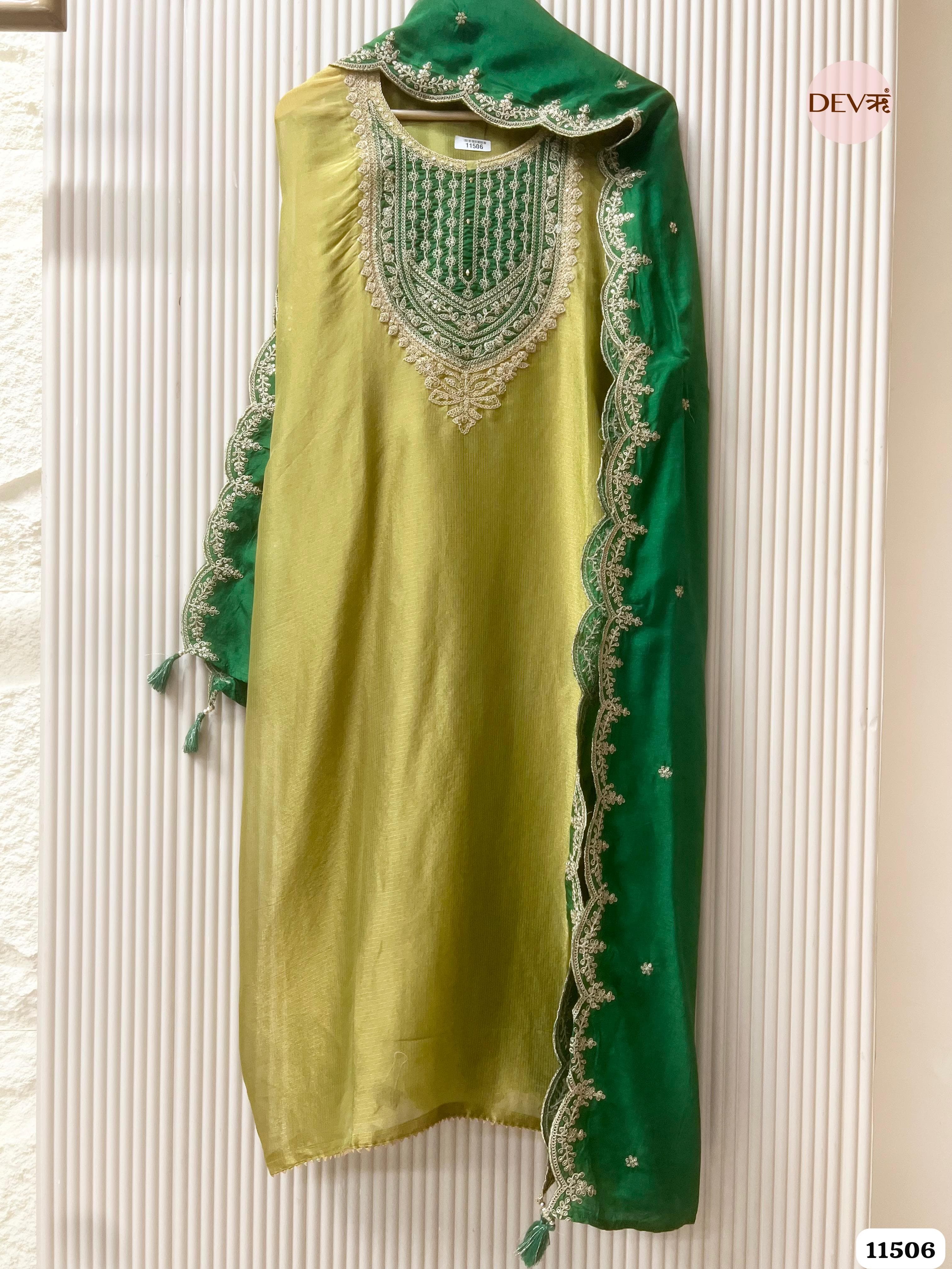 Lime Green Tissue Silk Unstitched Embroidered -Set Of 3 {11506}