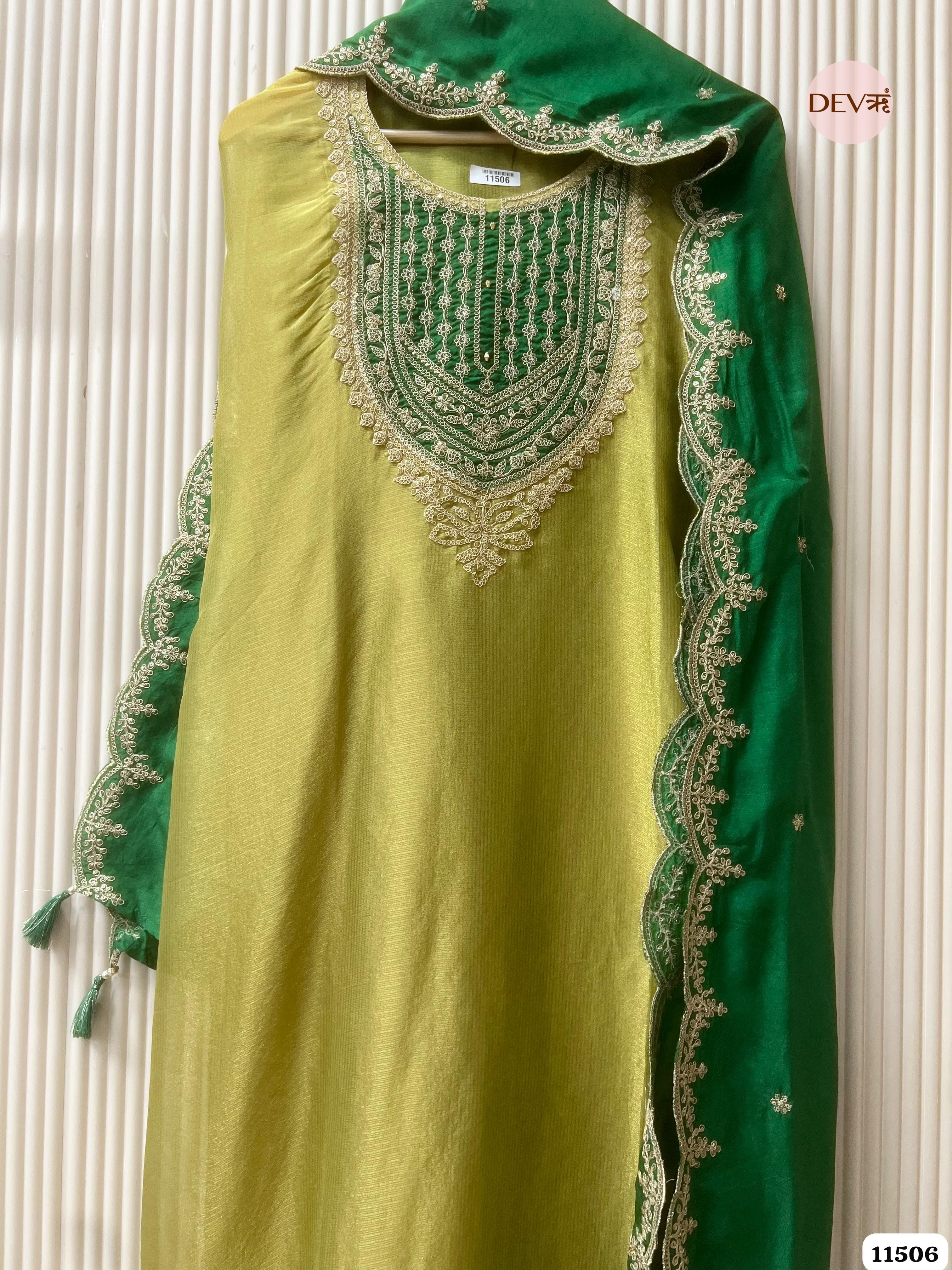 Lime Green Tissue Silk Unstitched Embroidered -Set Of 3 {11506}