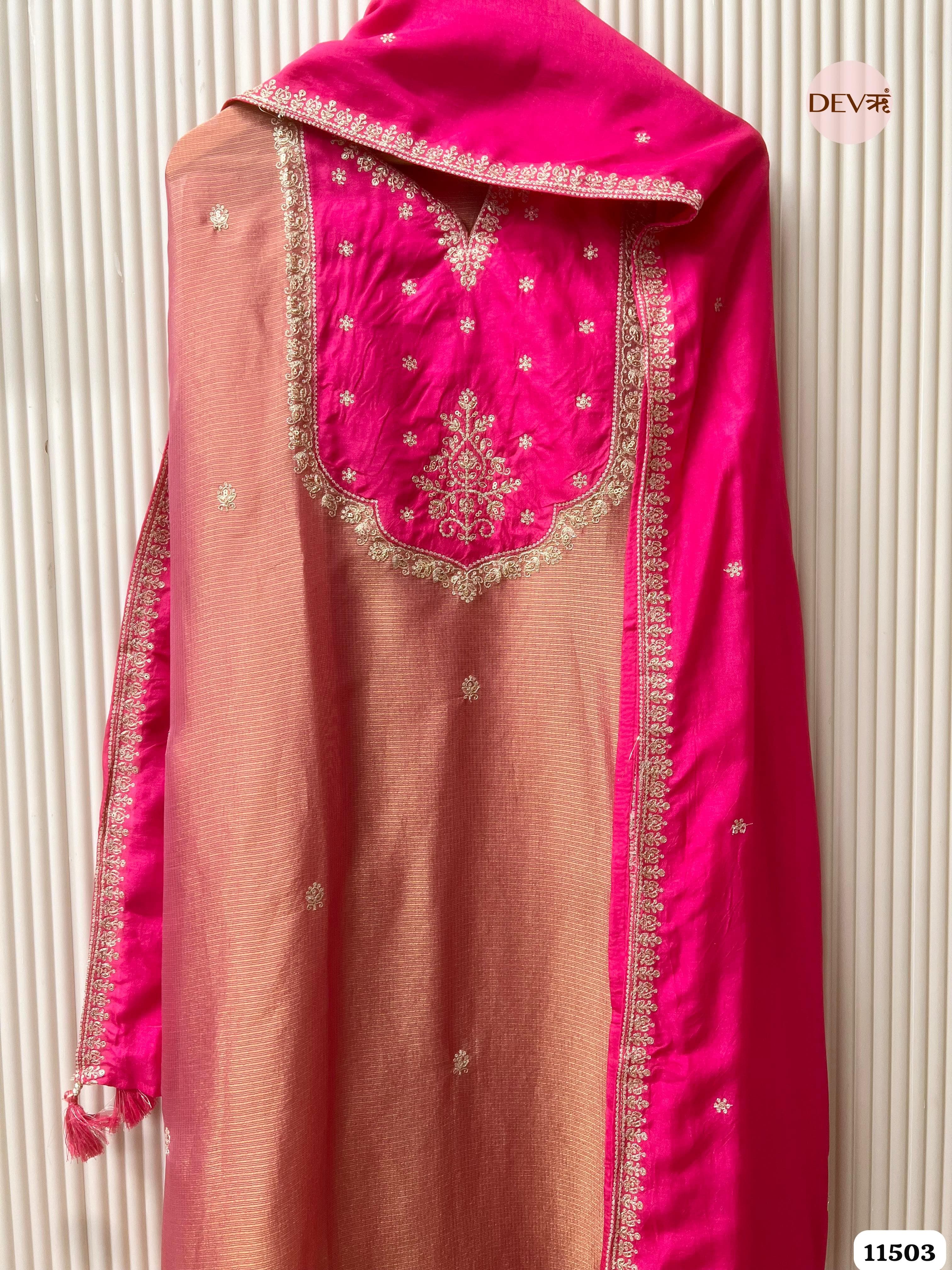 Pink Tissue Silk Unstitched Eembroidered -Set Of 3 {11503}