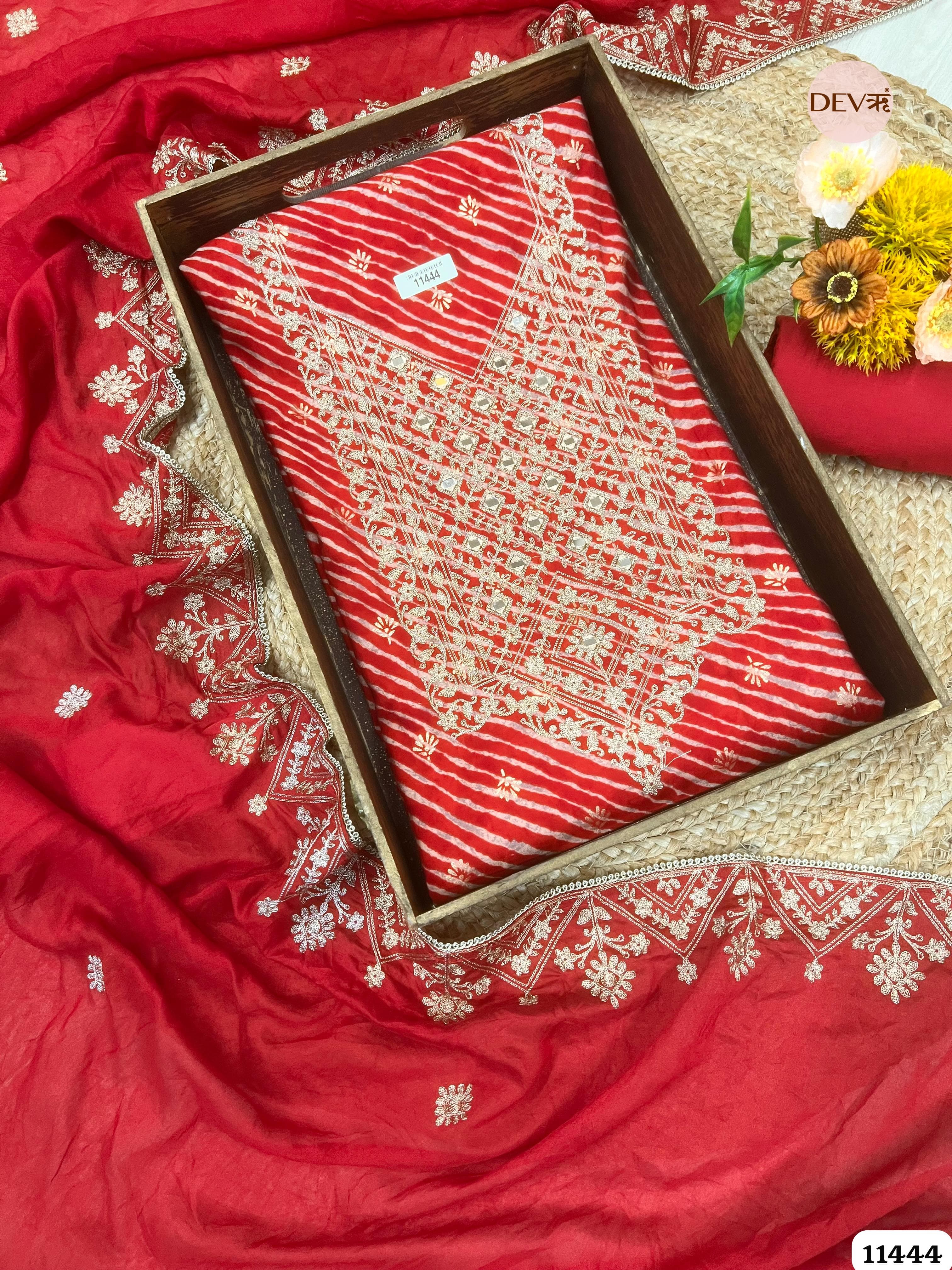 Red Modal Silk Printed Unstitched Hand Embroidered -Set Of 3