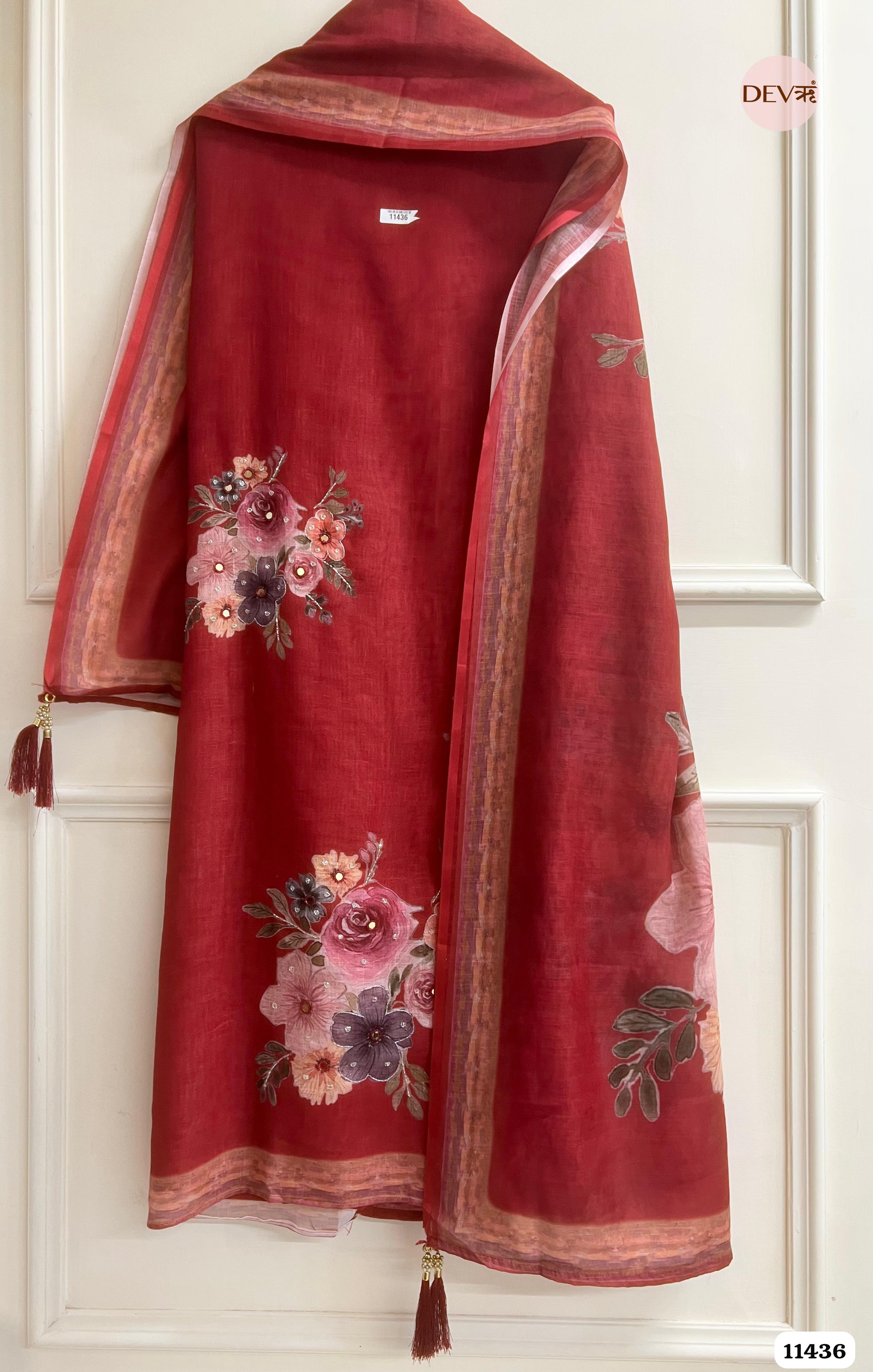 Red Linen Printed Unstitched Hand Embroidered -Set Of 3 {11436}