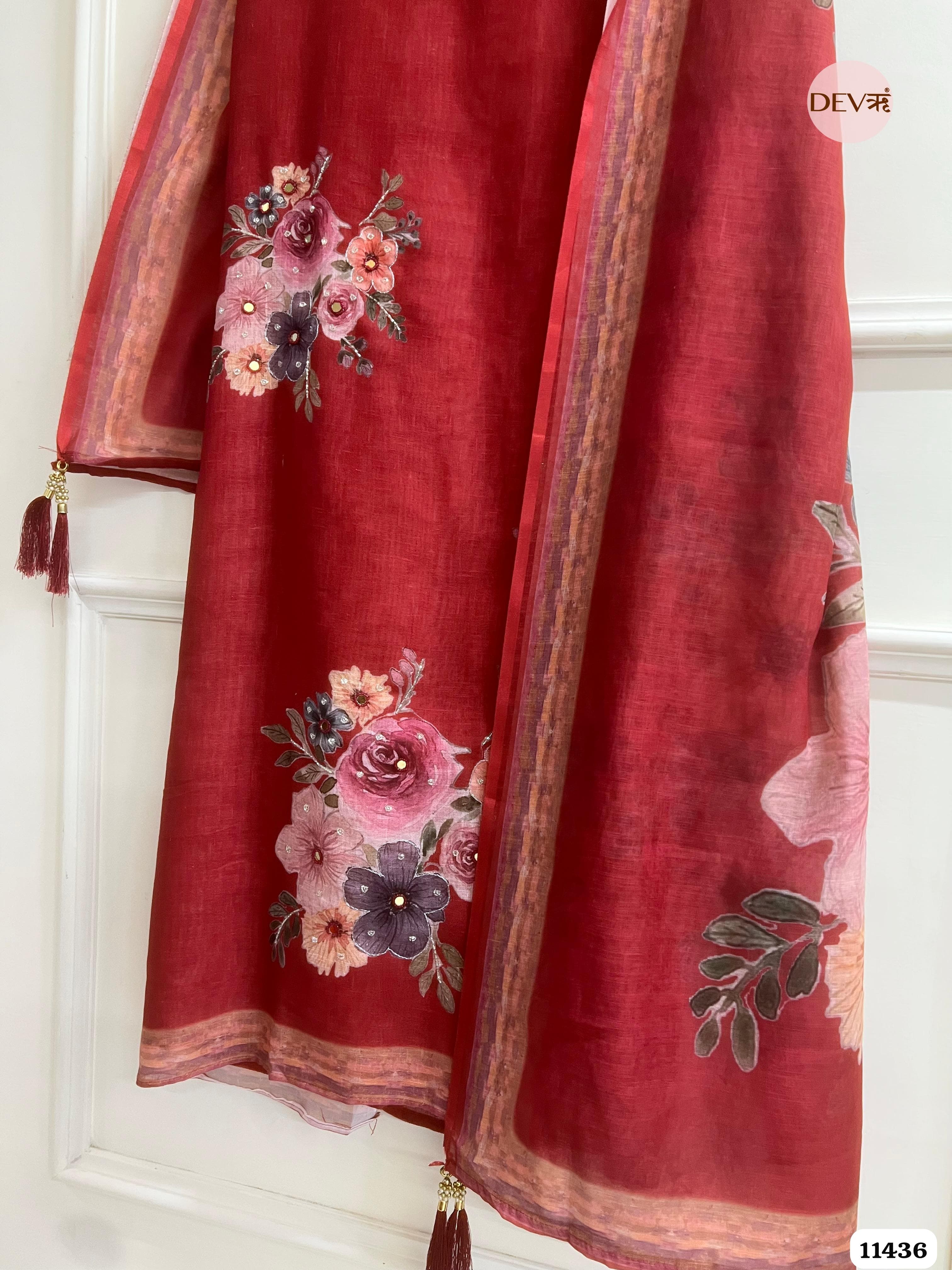 Red Linen Printed Unstitched Hand Embroidered -Set Of 3 {11436}