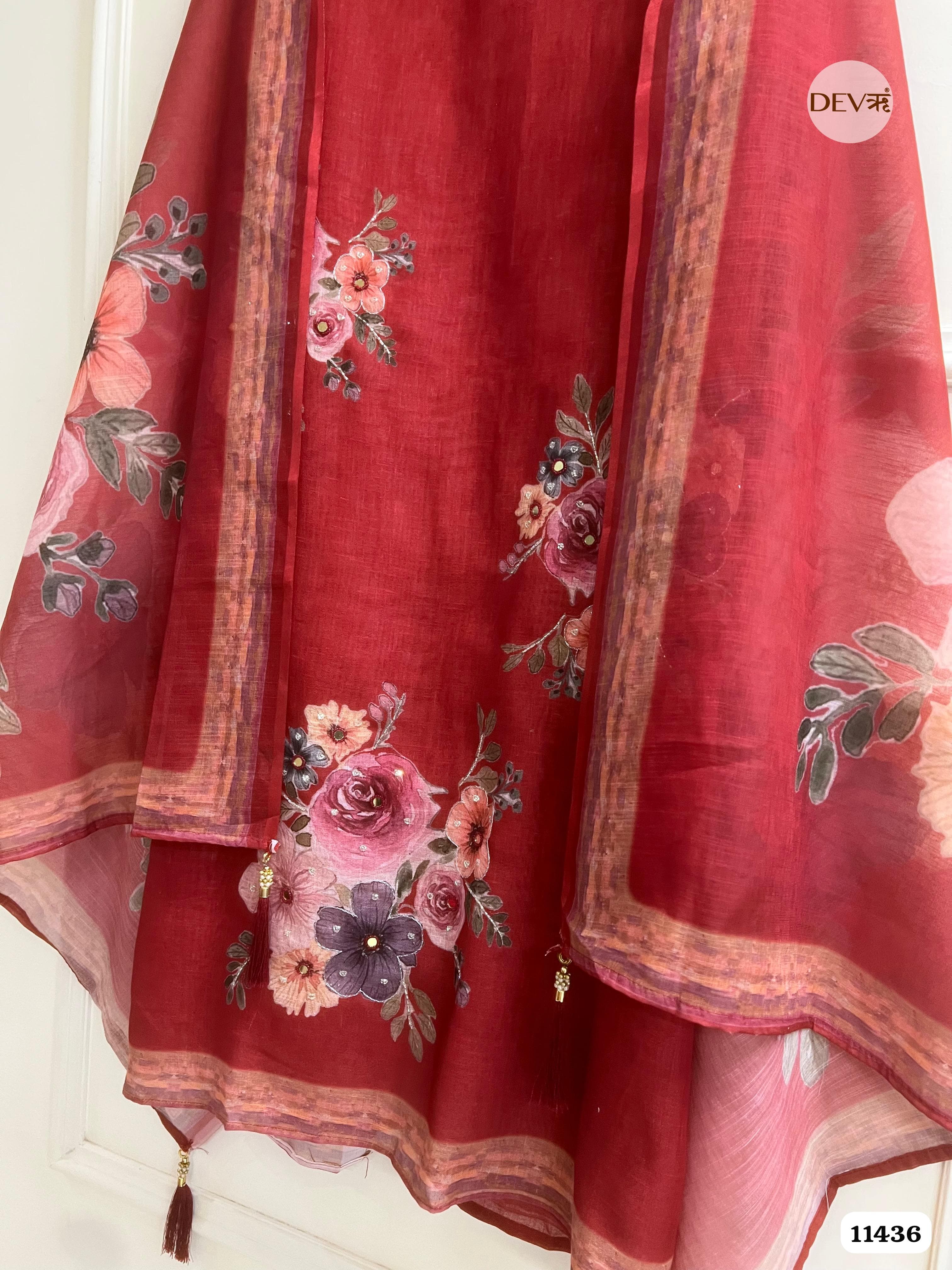 Red Linen Printed Unstitched Hand Embroidered -Set Of 3 {11436}