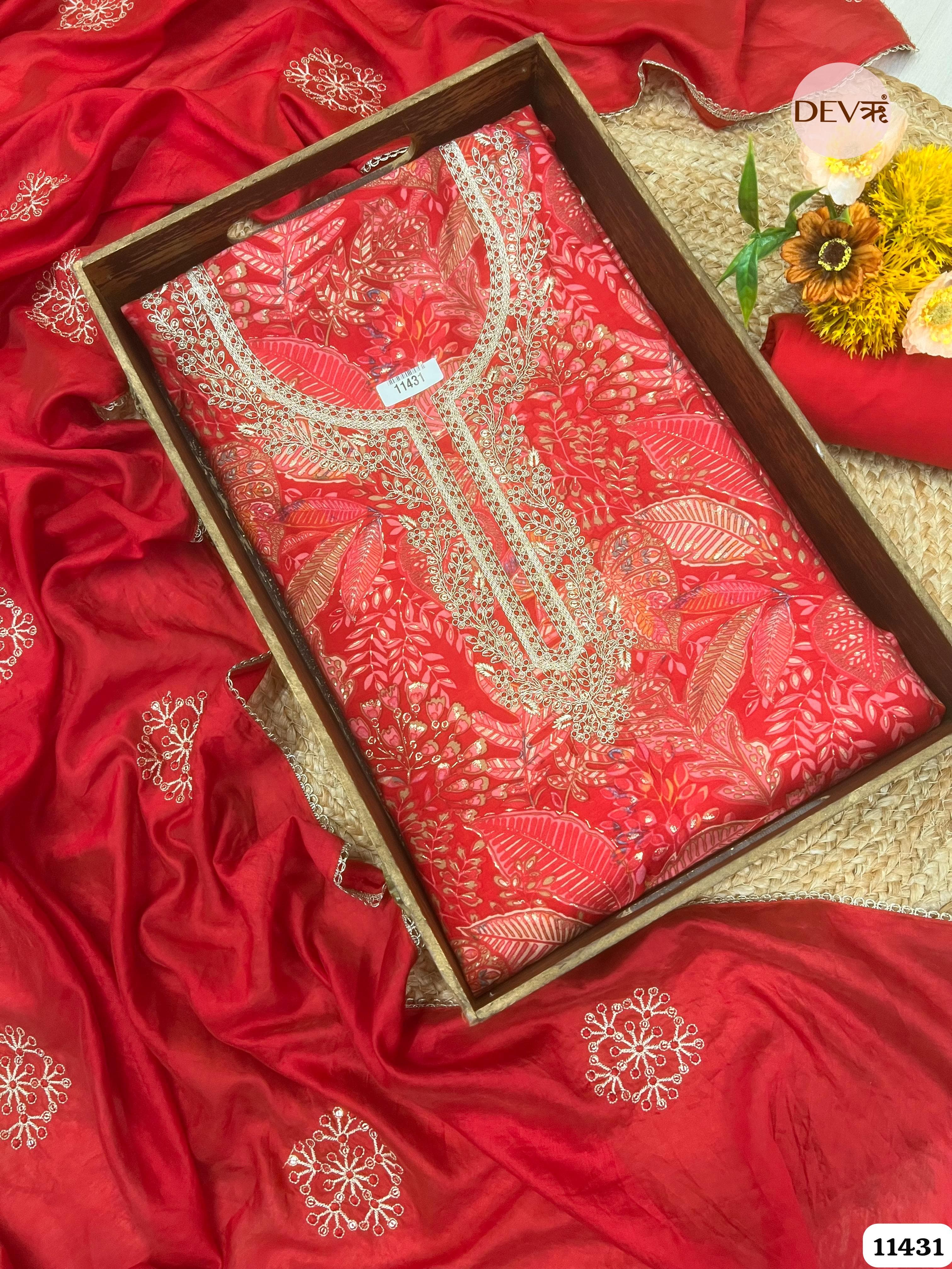 Red Modal Silk Printed Unstitched Embroidered -Set Of 3