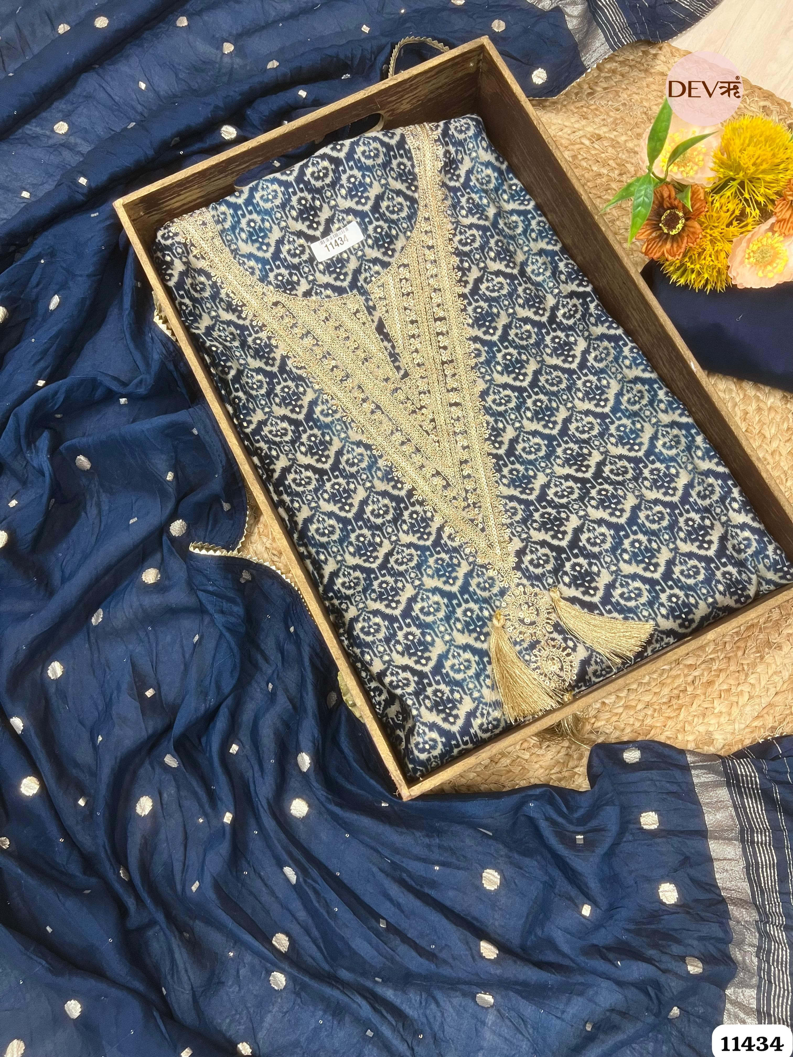 Deep navy Blue Modal Silk printed Unstitched Embroidered -Set Of 3 {11434}