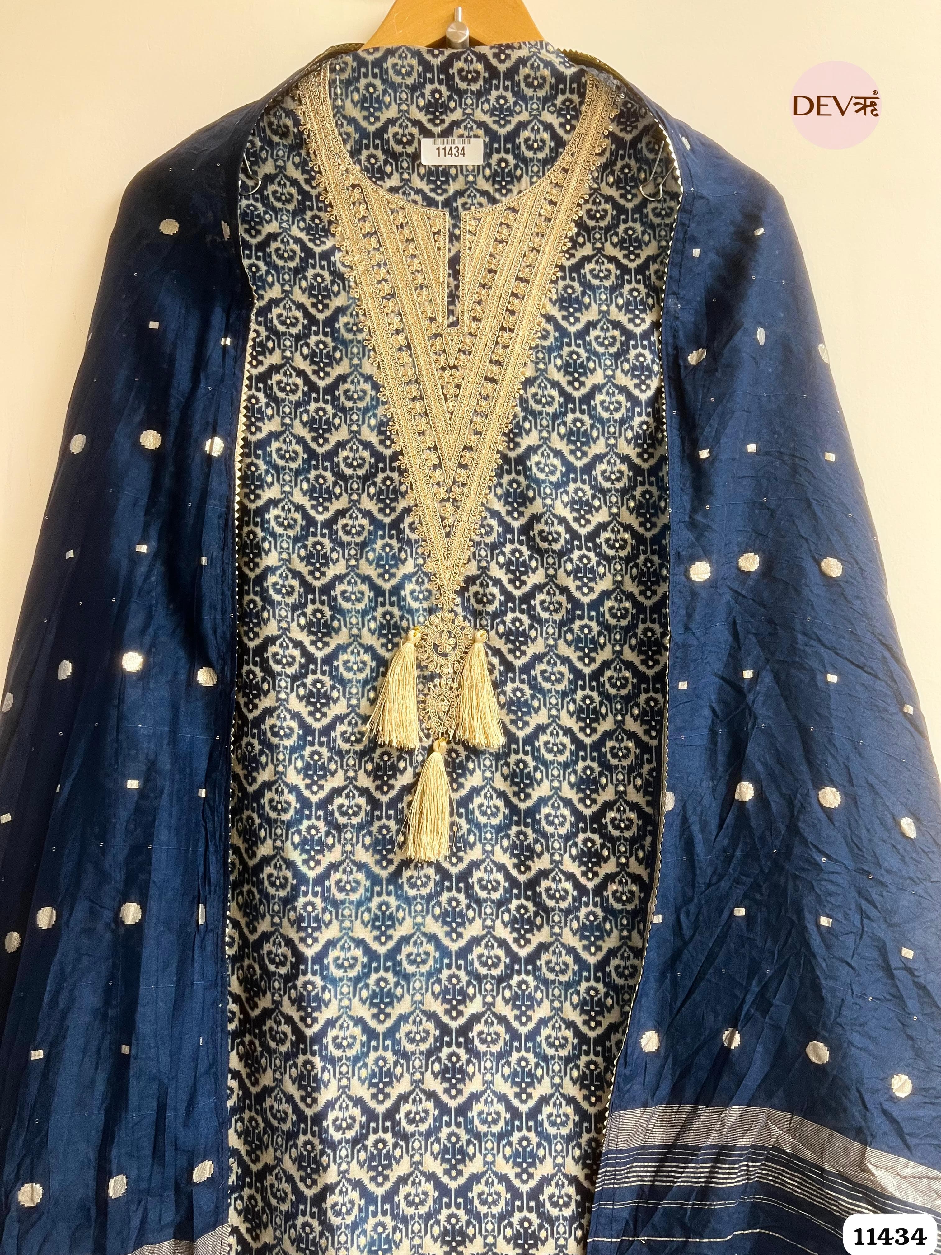 Deep navy Blue Modal Silk printed Unstitched Embroidered -Set Of 3 {11434}