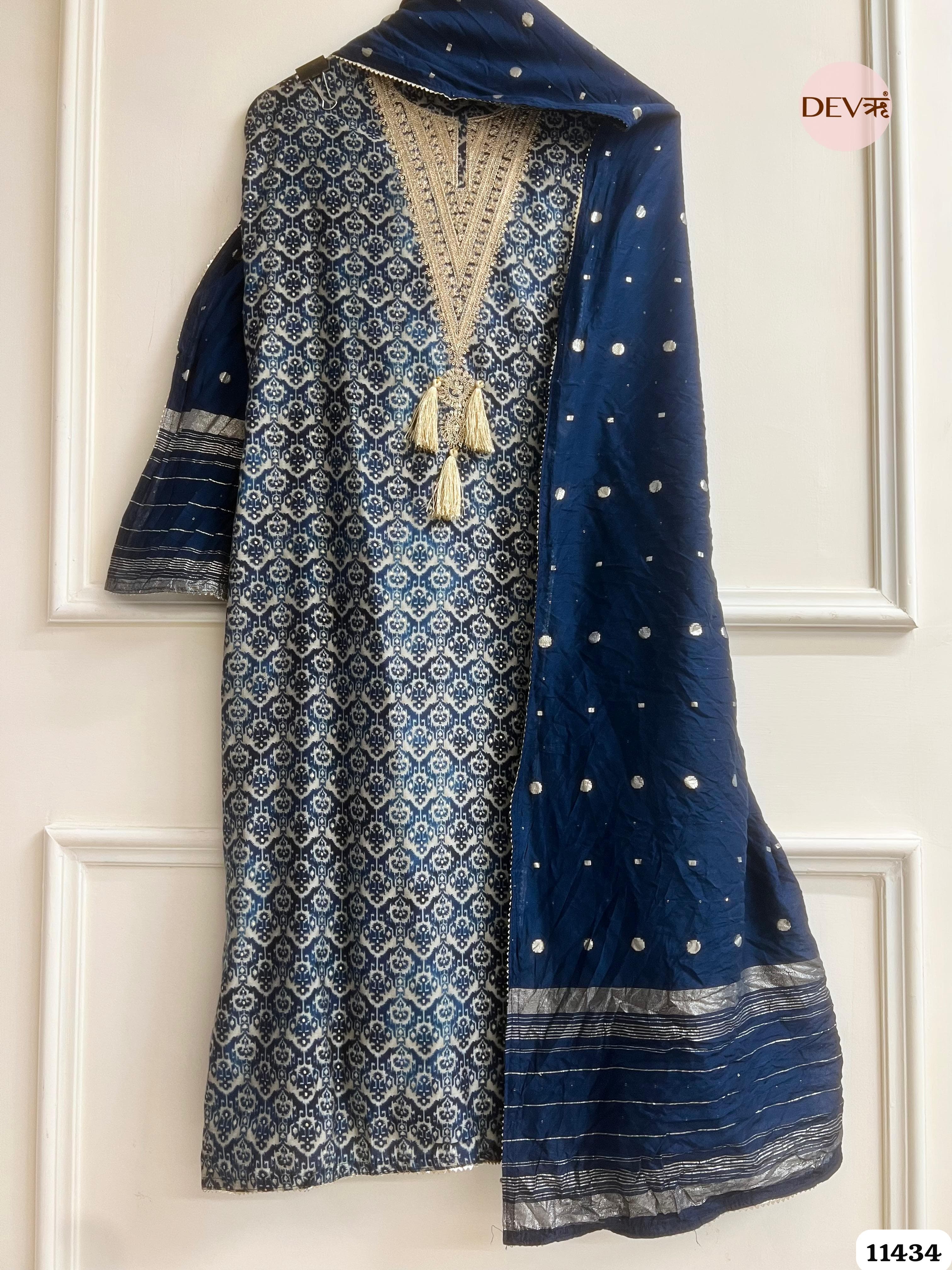 Deep navy Blue Modal Silk printed Unstitched Embroidered -Set Of 3 {11434}