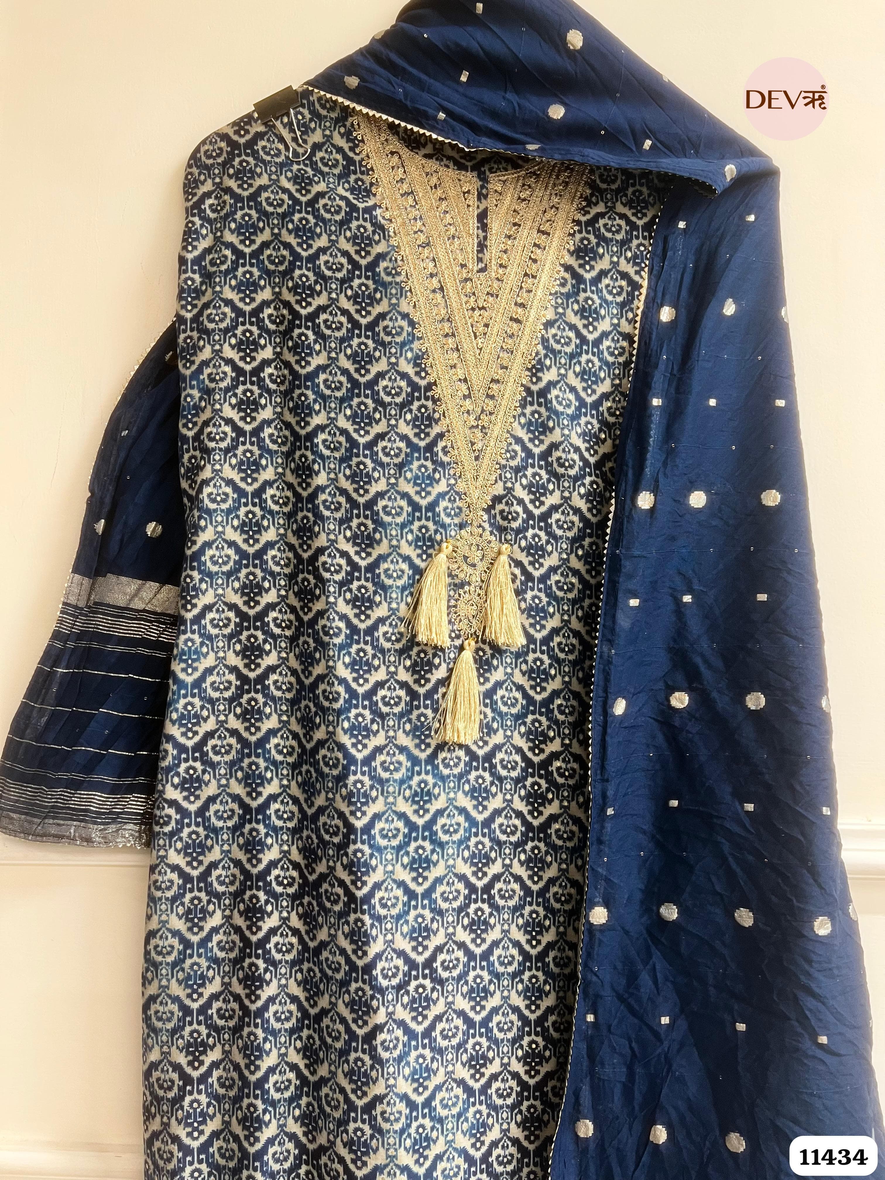 Deep navy Blue Modal Silk printed Unstitched Embroidered -Set Of 3 {11434}