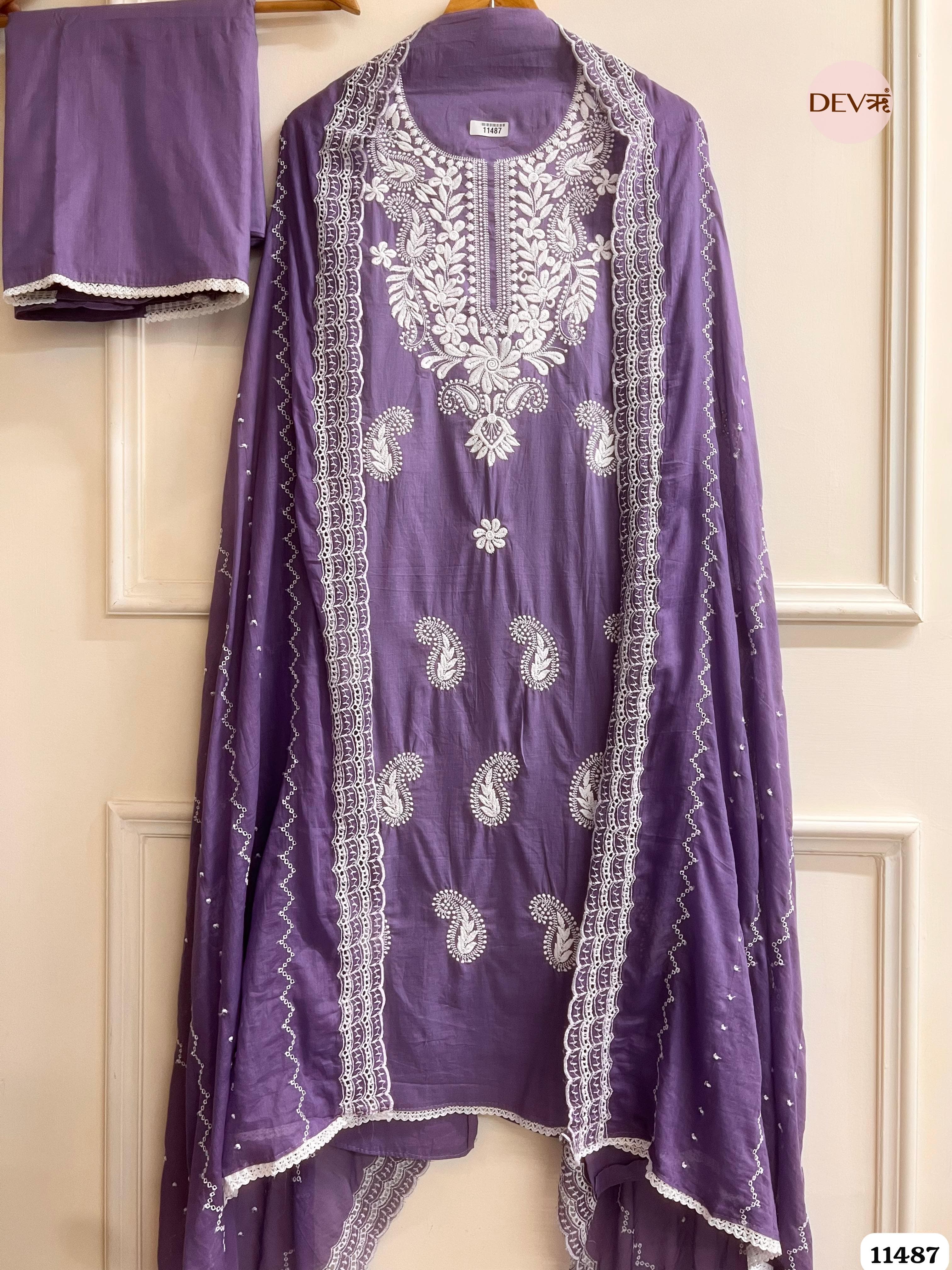 Purple  Mul Cotton Unstitched embroidered suit - 3 piece {11487}