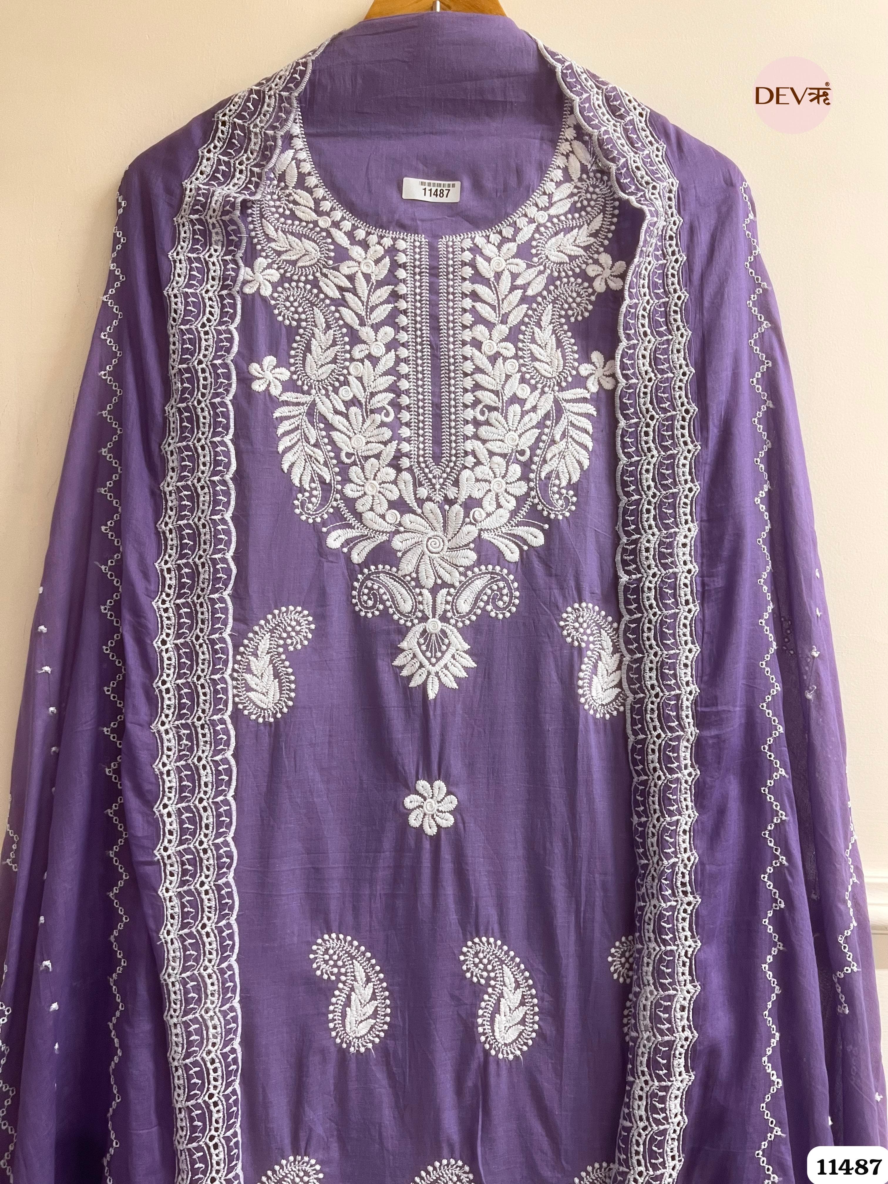 Purple  Mul Cotton Unstitched embroidered suit - 3 piece {11487}