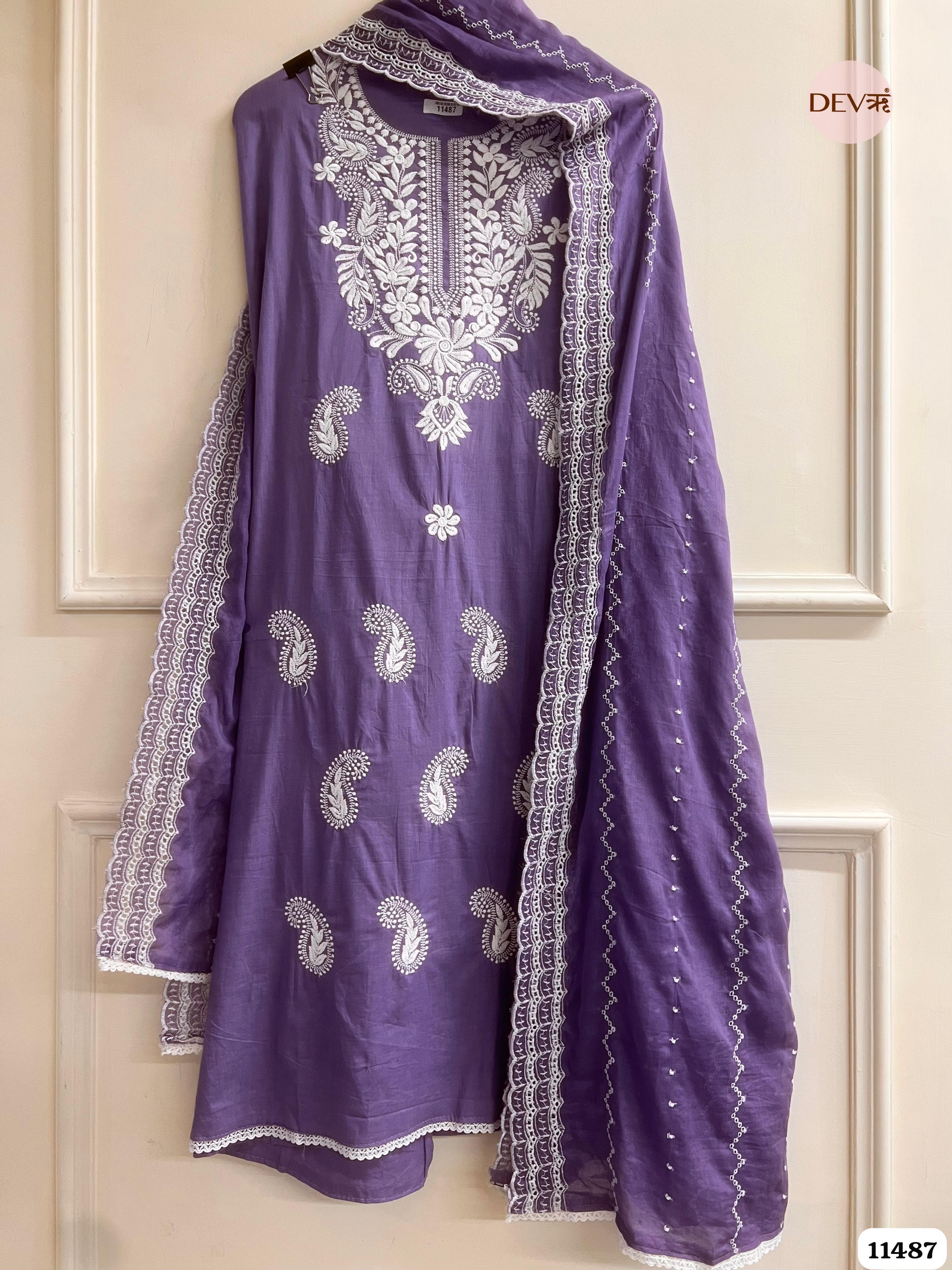 Purple  Mul Cotton Unstitched embroidered suit - 3 piece {11487}