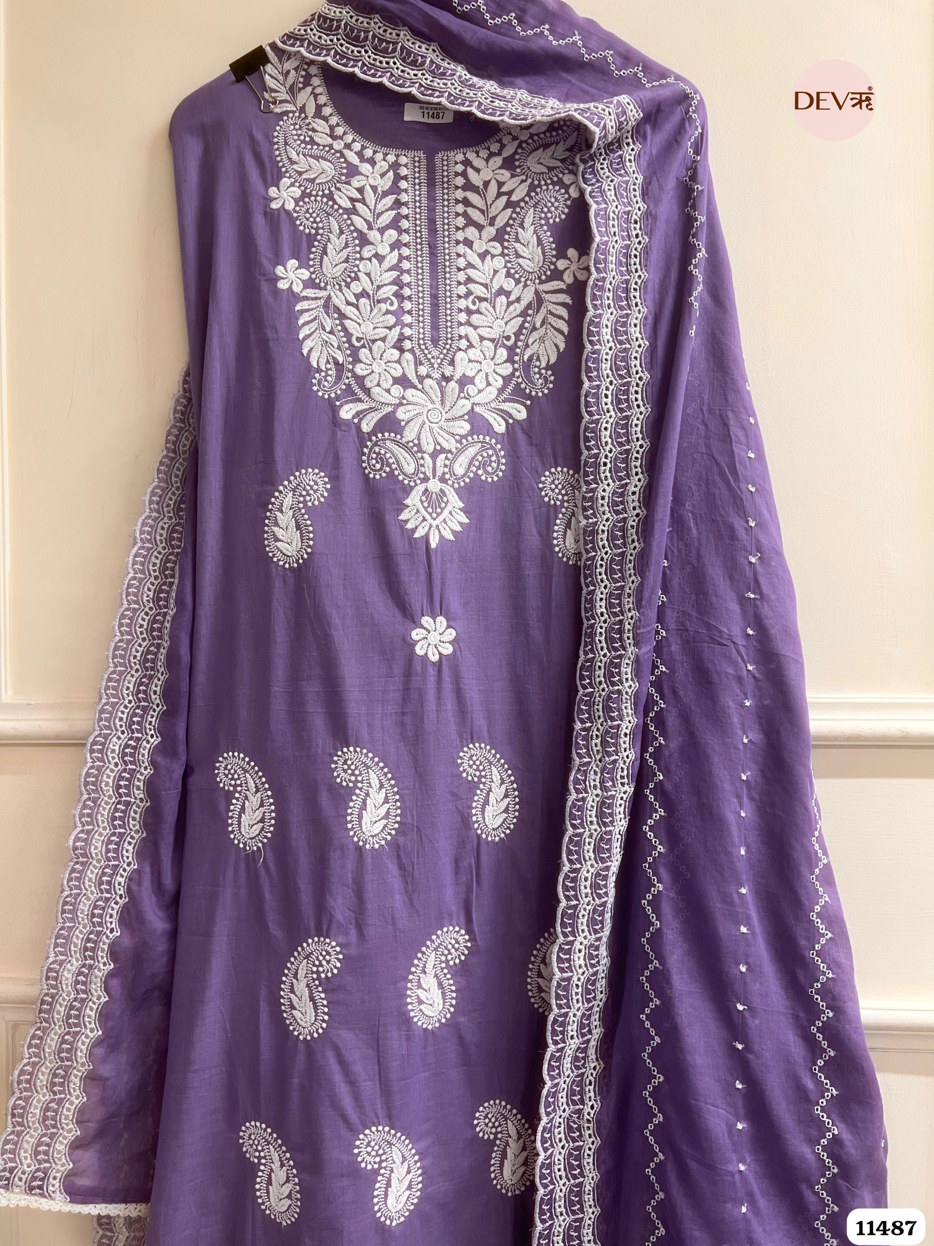 Purple  Mul Cotton Unstitched embroidered suit - 3 piece {11487}