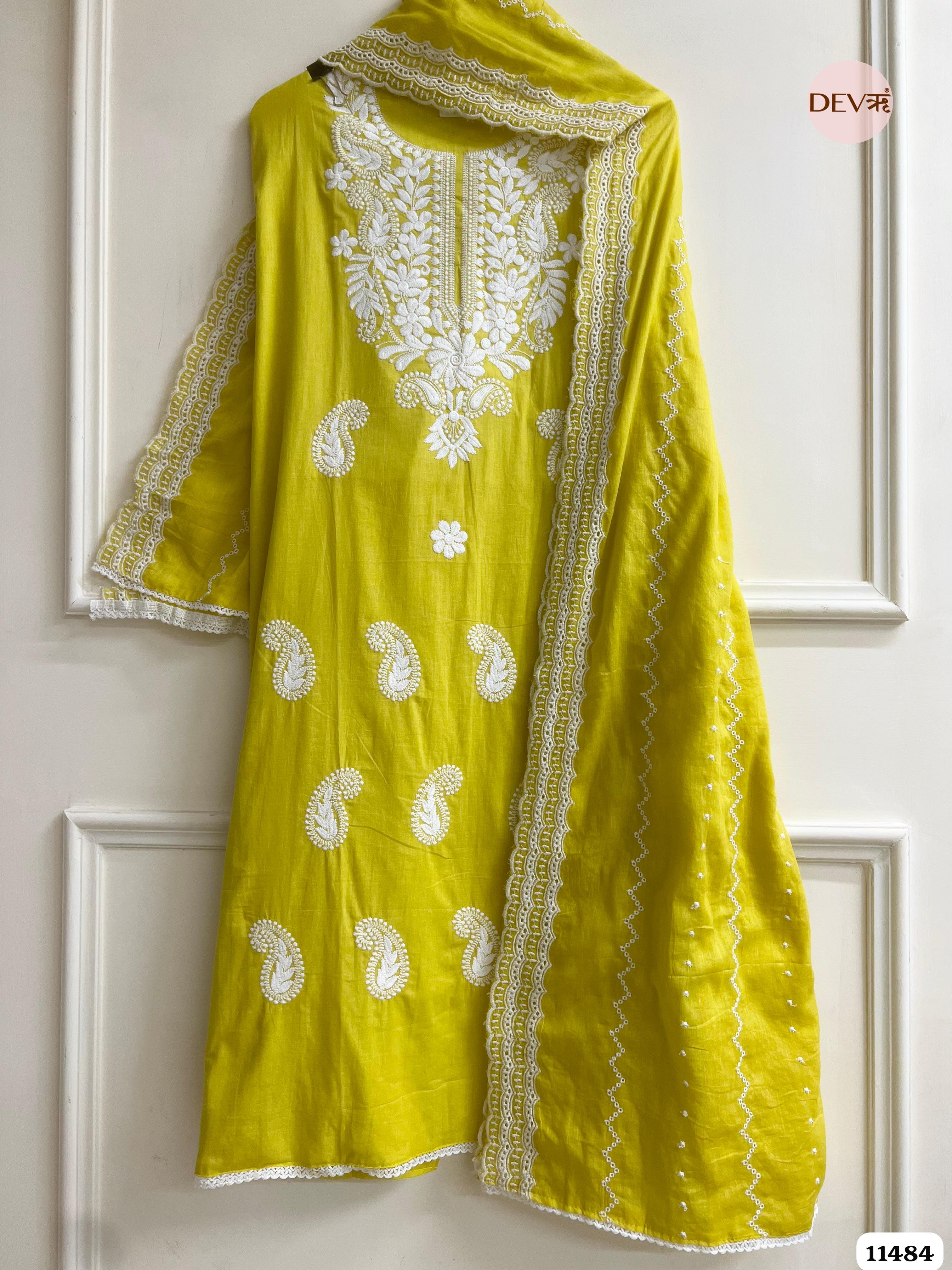 Yellow Mul Cotton Unstitched embroidered - 3 piece set {11484}