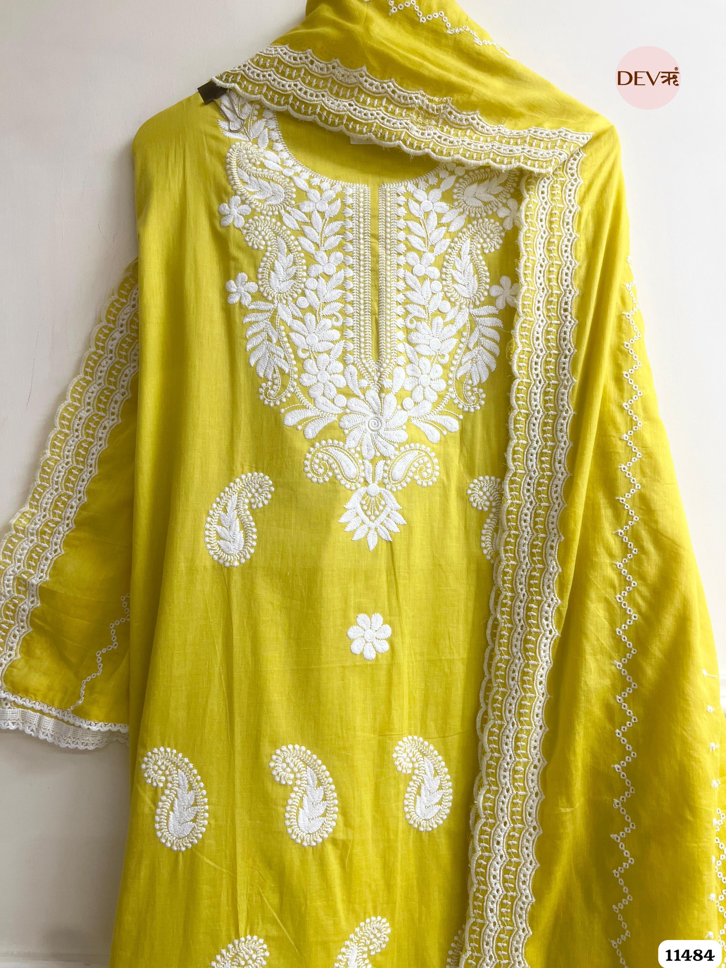 Yellow Mul Cotton Unstitched embroidered - 3 piece set {11484}