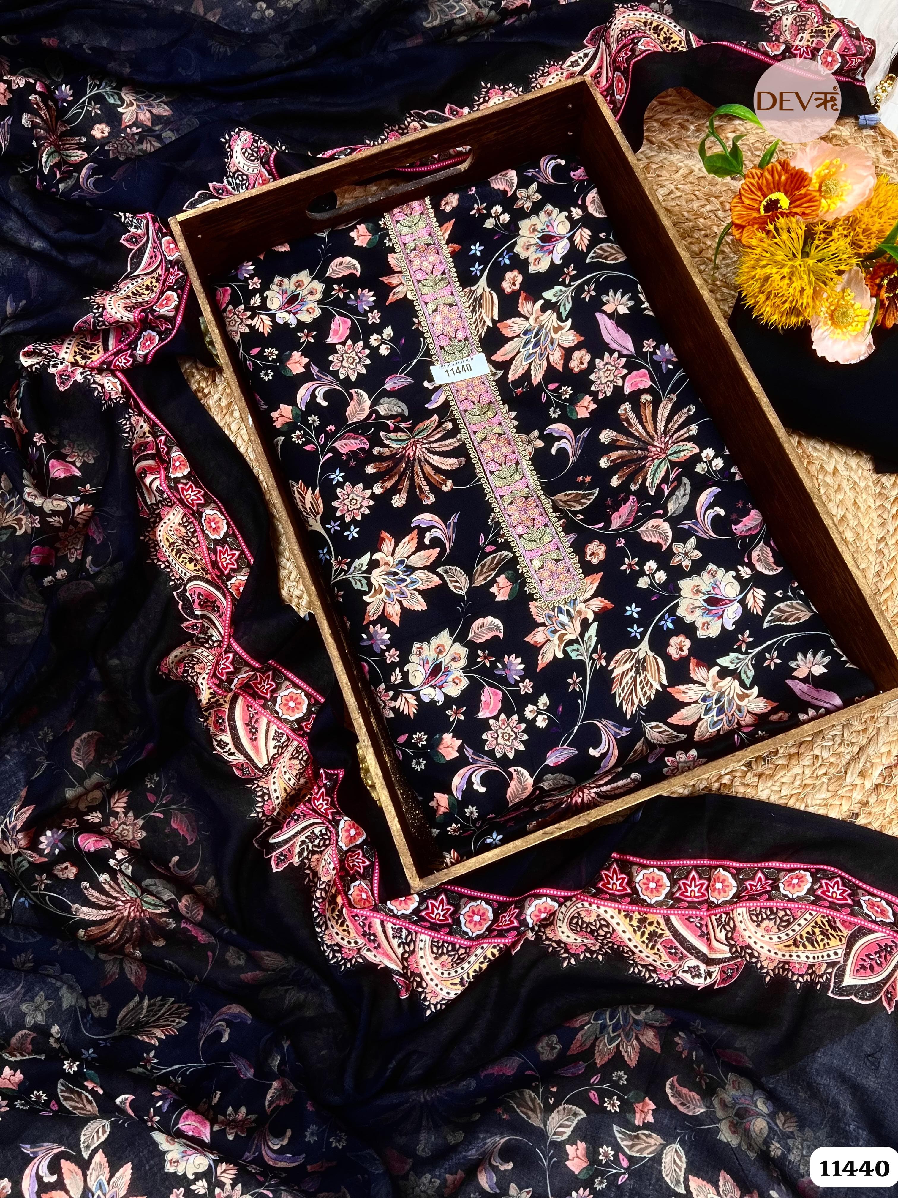 Black Jam Cotton printed unstitched - 3 Piece {11440}