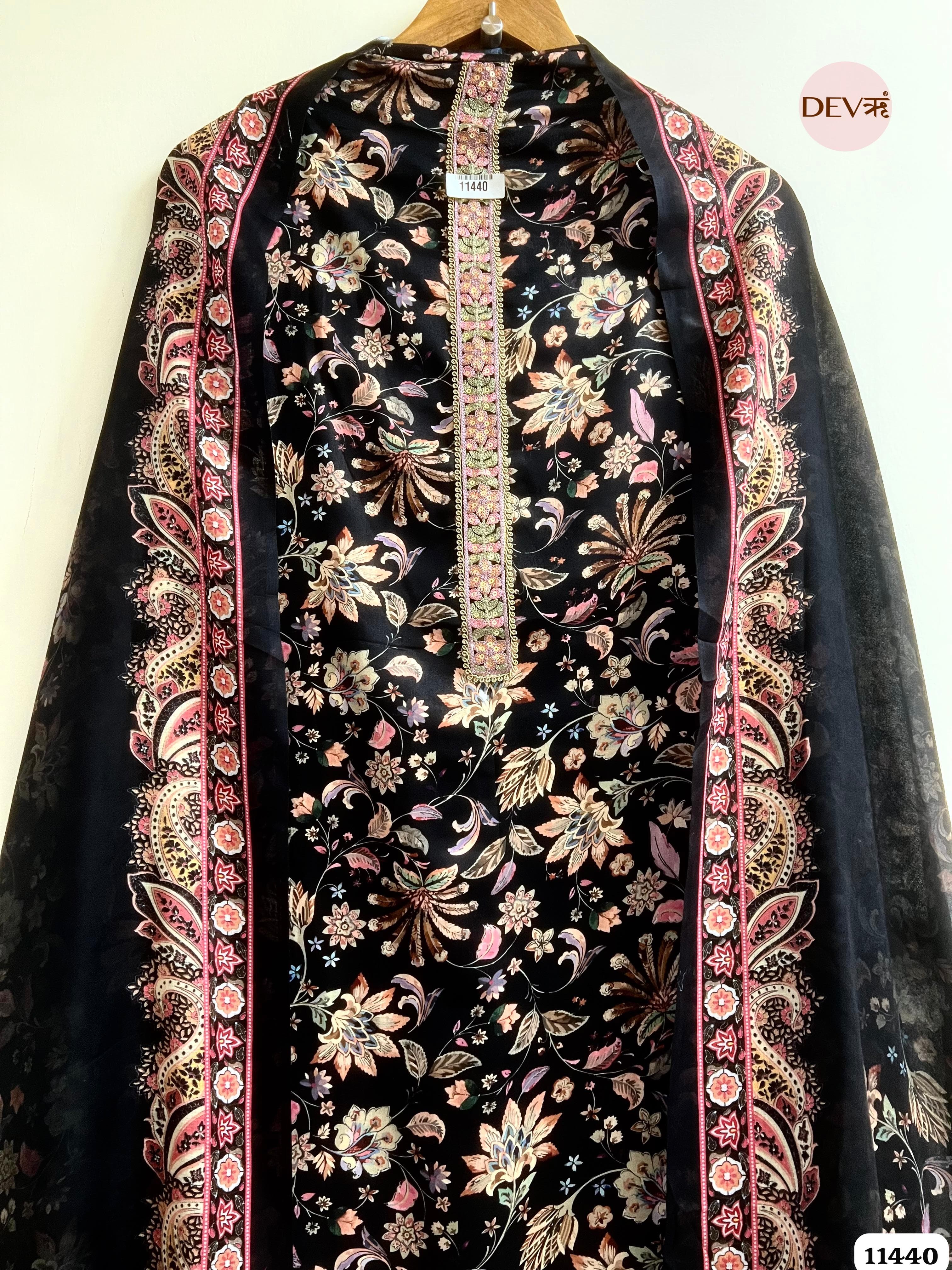 Black Jam Cotton printed unstitched - 3 Piece {11440}