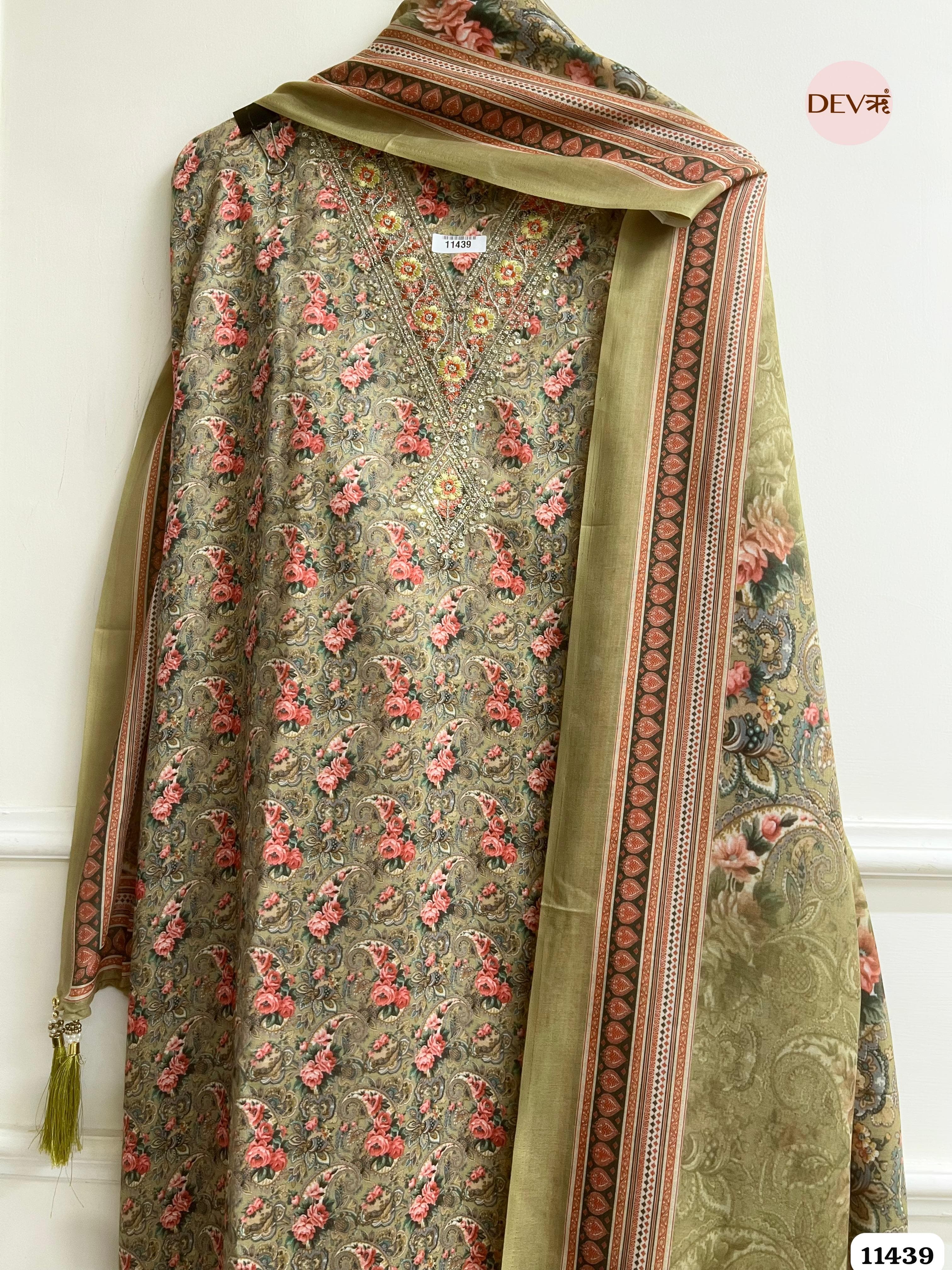 Olive Floral Print Zari Embroidered Cotton unstitched Suit Set – 3 Piece