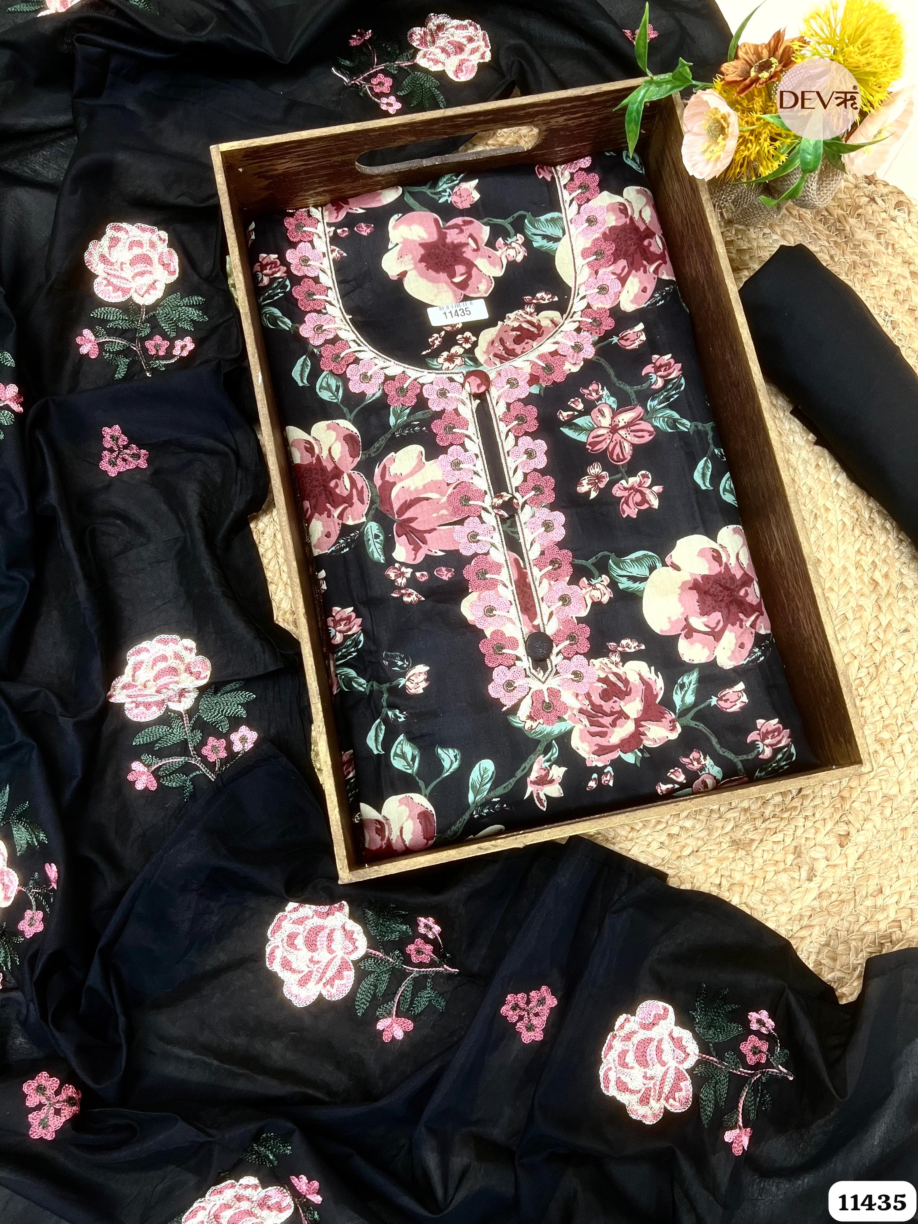 Black Floral Embroidered unstitched Suit Set – 3 Piece {11435}