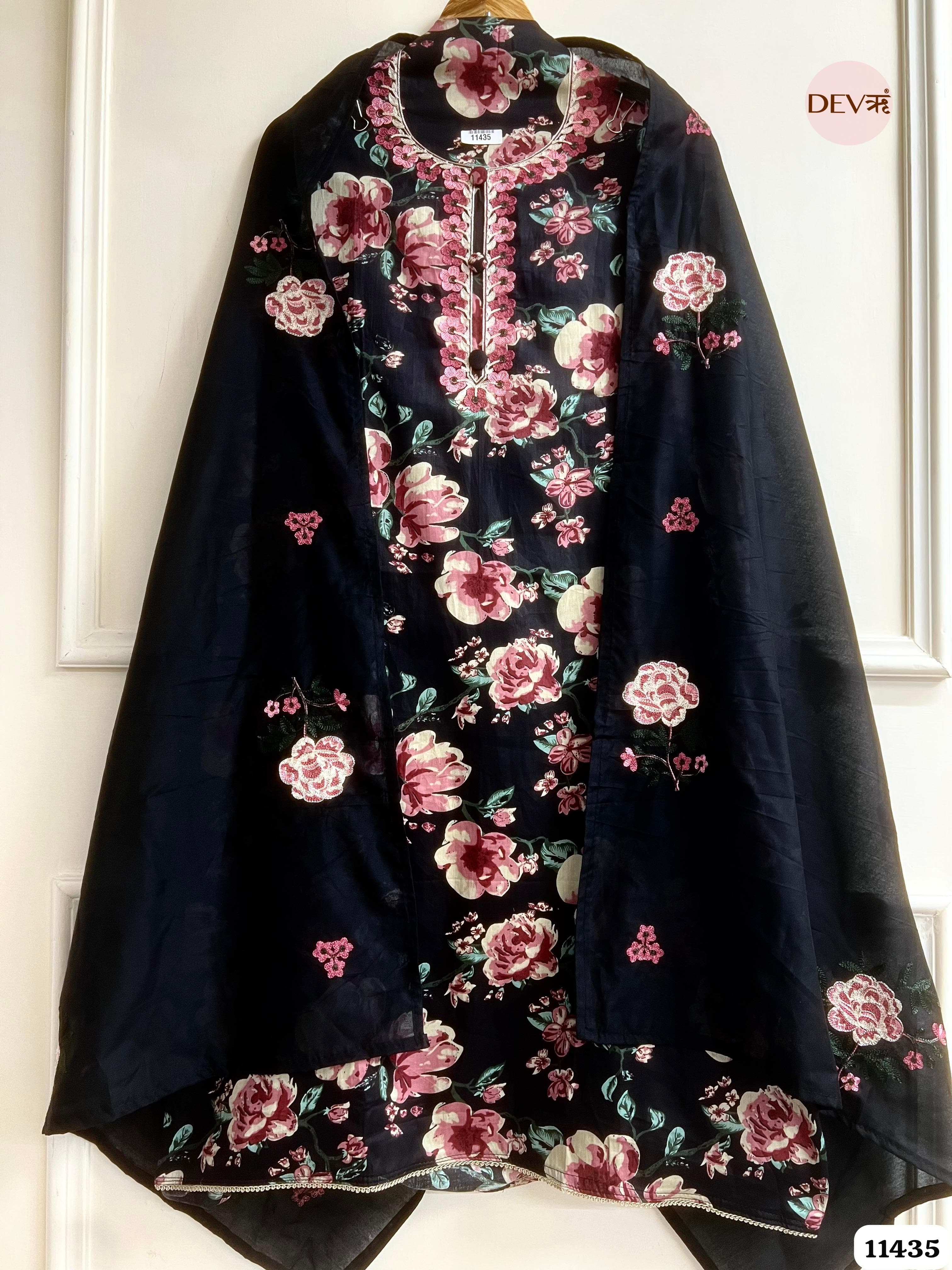 Black Floral Embroidered unstitched Suit Set – 3 Piece {11435}