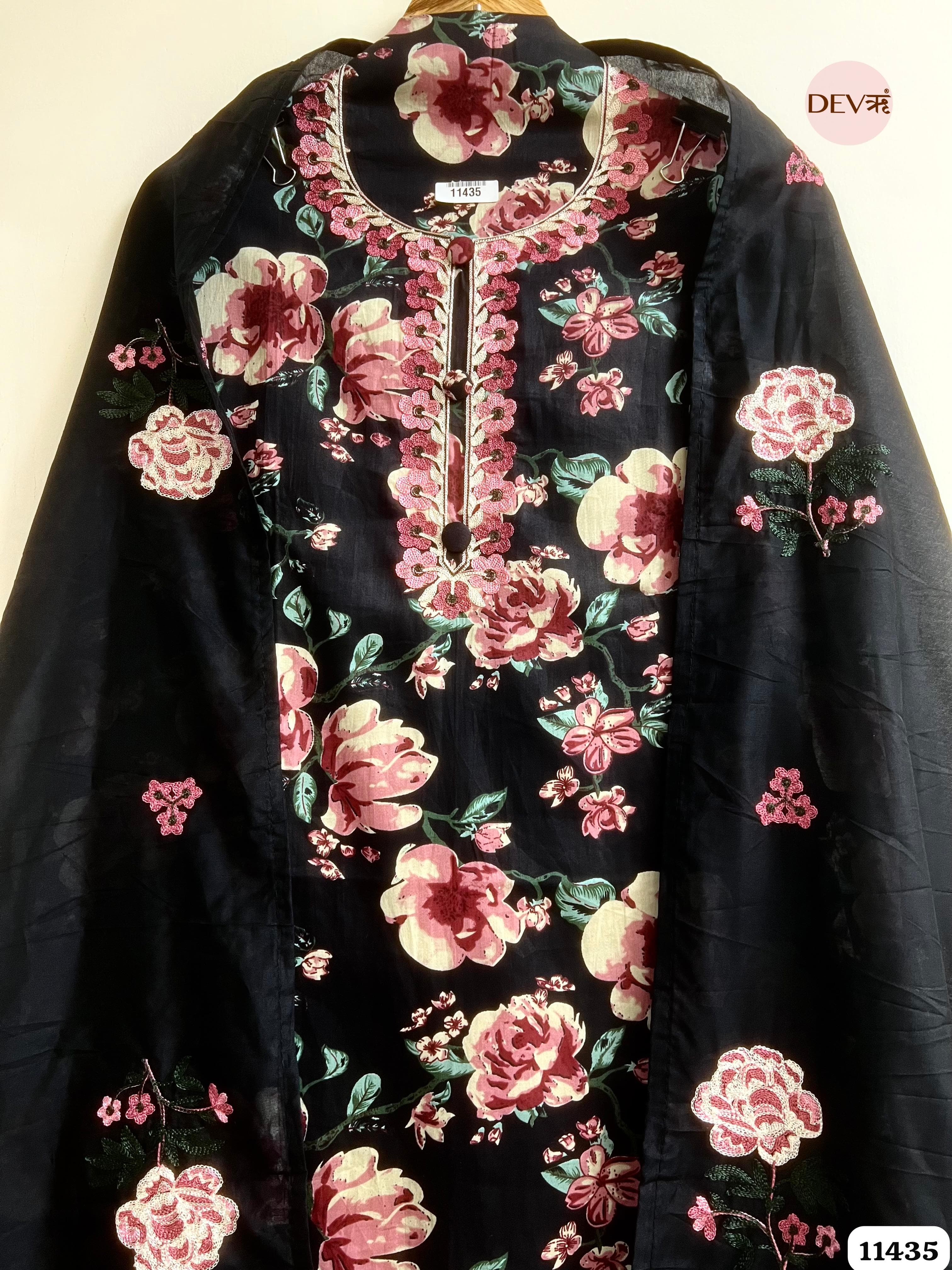 Black Floral Embroidered unstitched Suit Set – 3 Piece {11435}