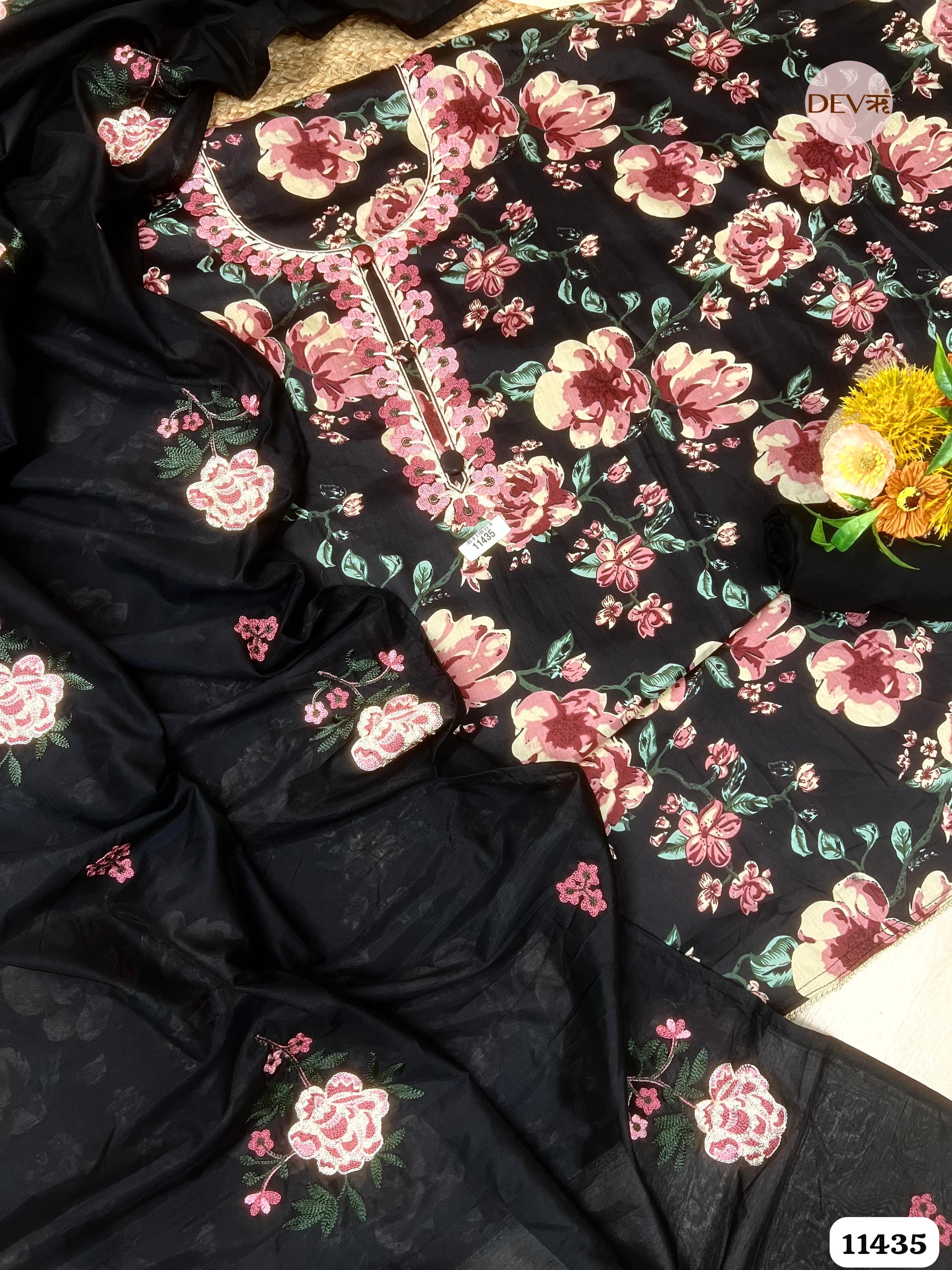 Black Floral Embroidered unstitched Suit Set – 3 Piece {11435}
