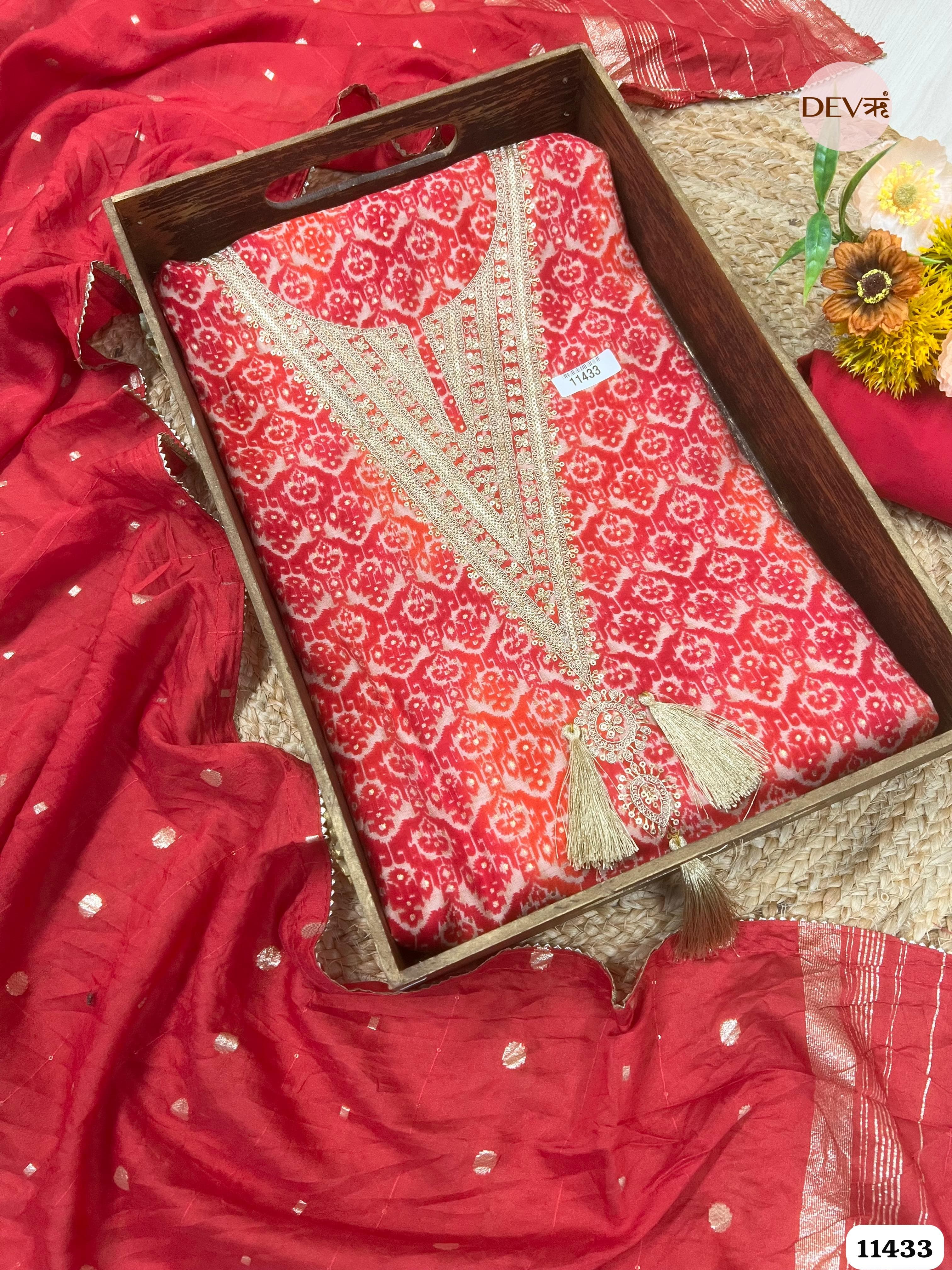 Red & Orange Ikat Print Zari Embroidered unstitched silk Suit Set – 3 Piece