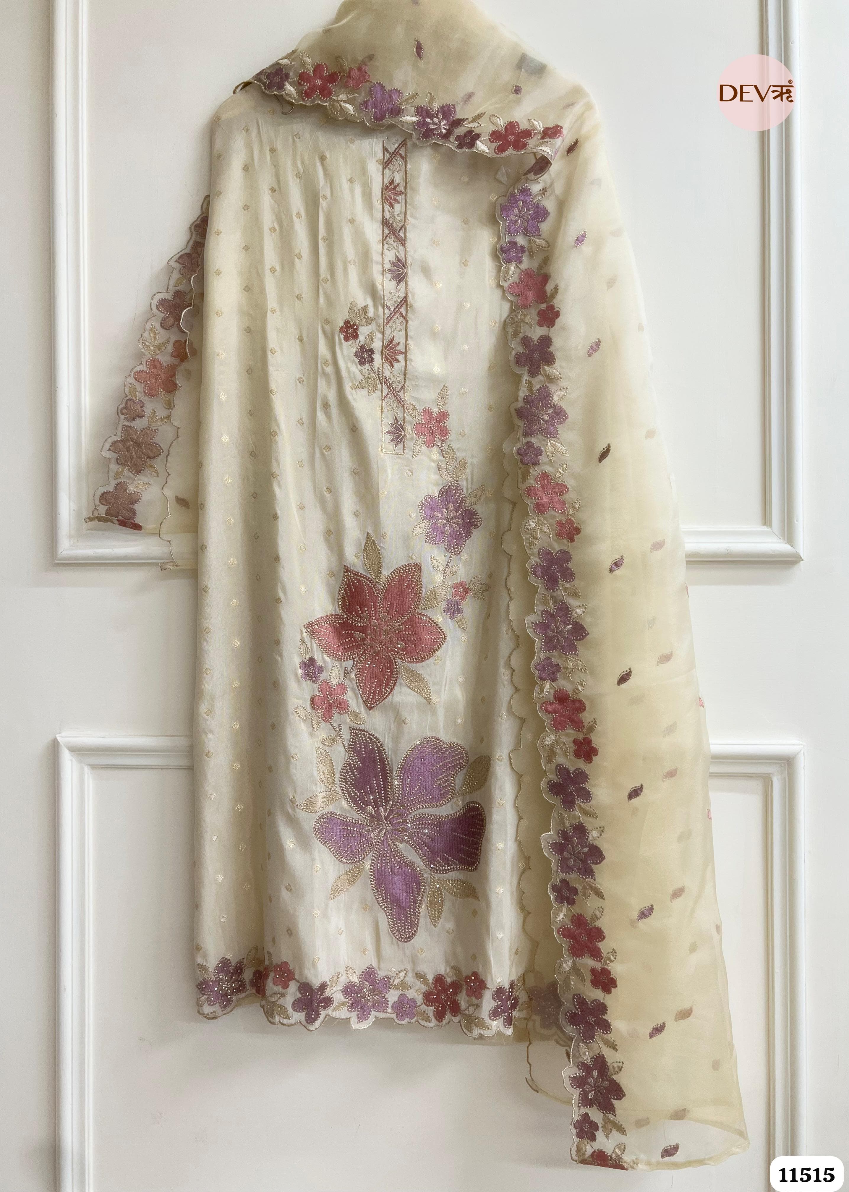 Light Beige Tissue Silk Woven Unstitched Hand Embroidered - Set Of 3