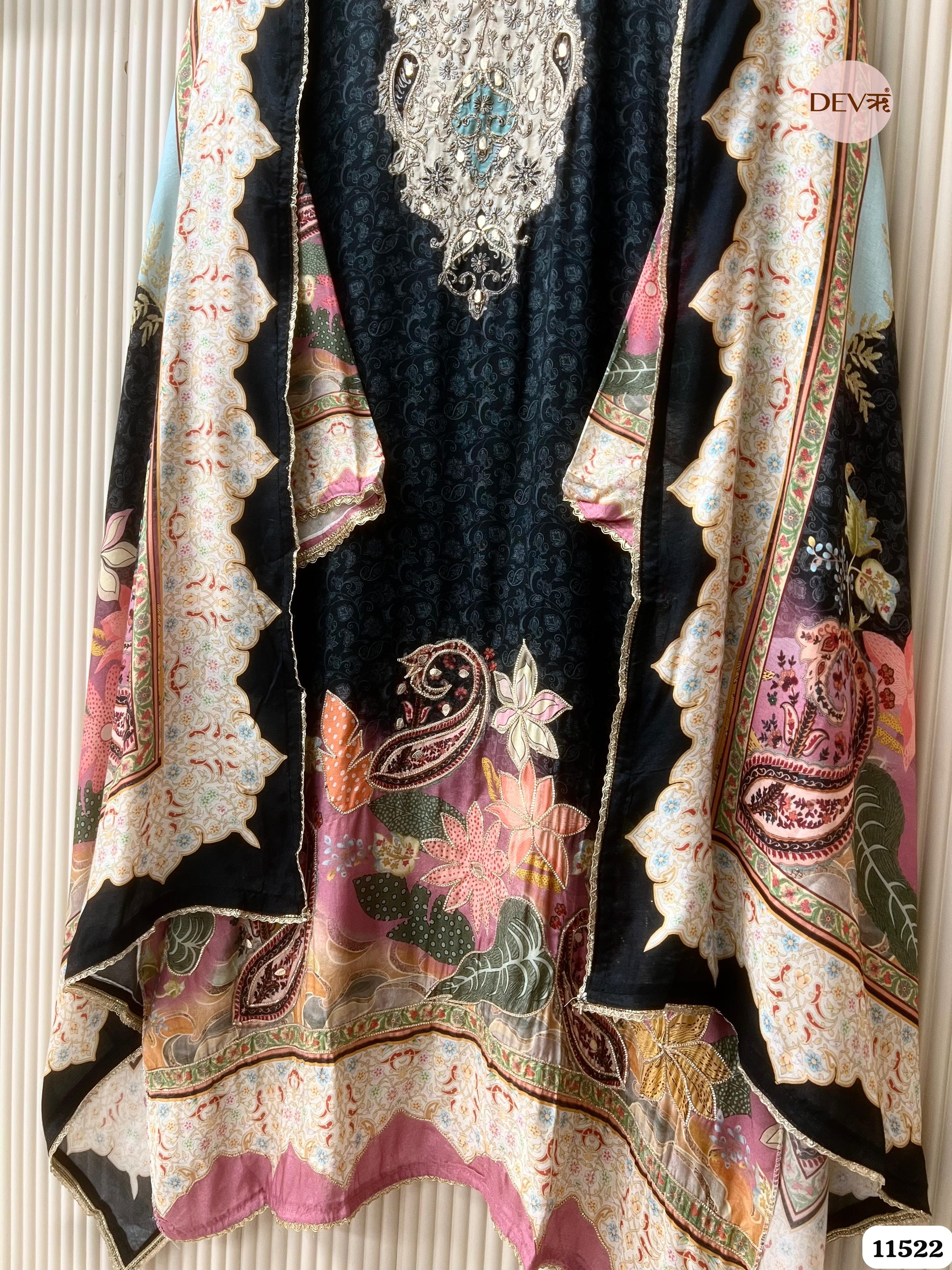 Black Muslin semi stitched hand embroidered -Set Of 3 {11522}