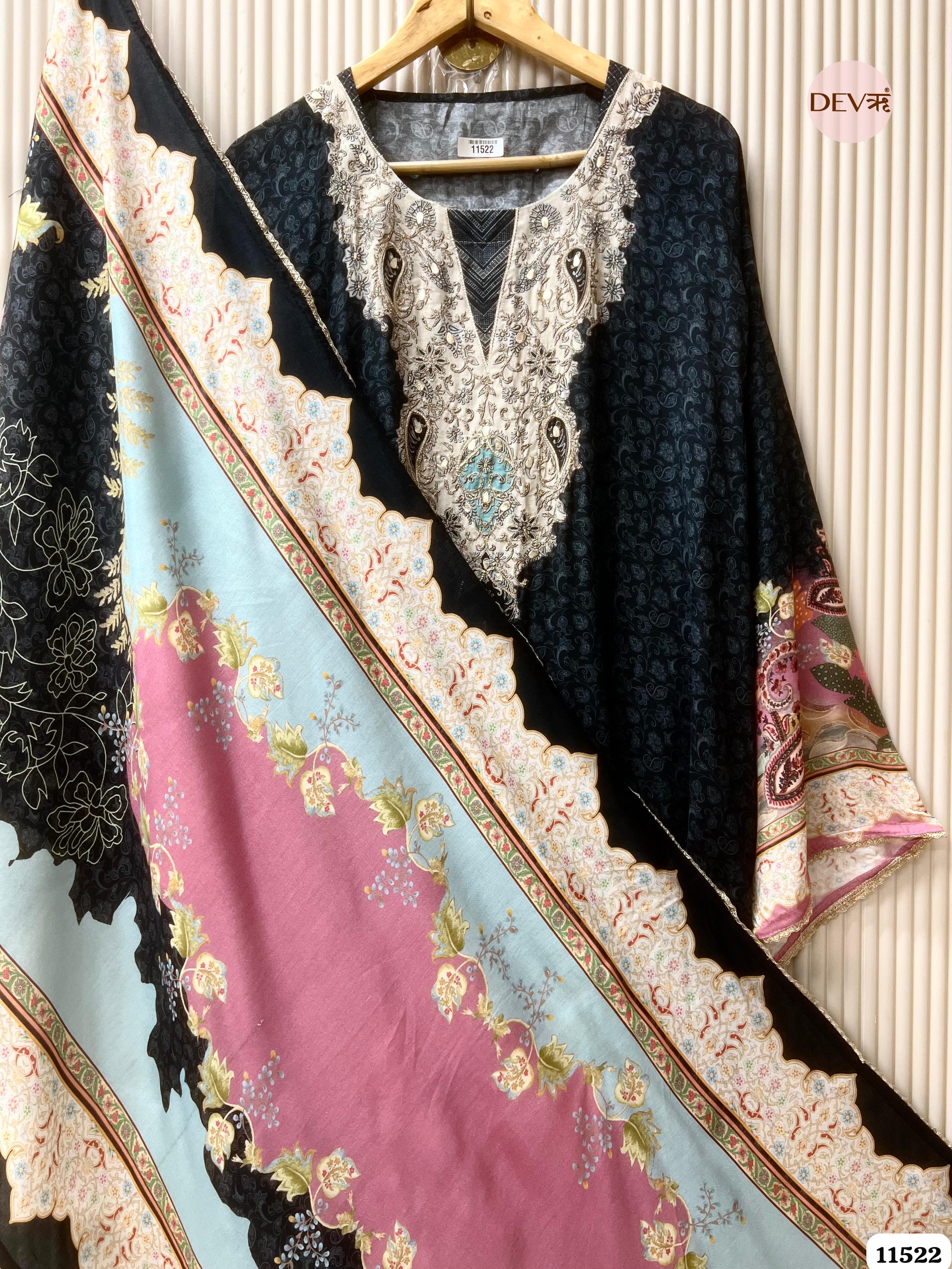 Black Muslin semi stitched hand embroidered -Set Of 3 {11522}