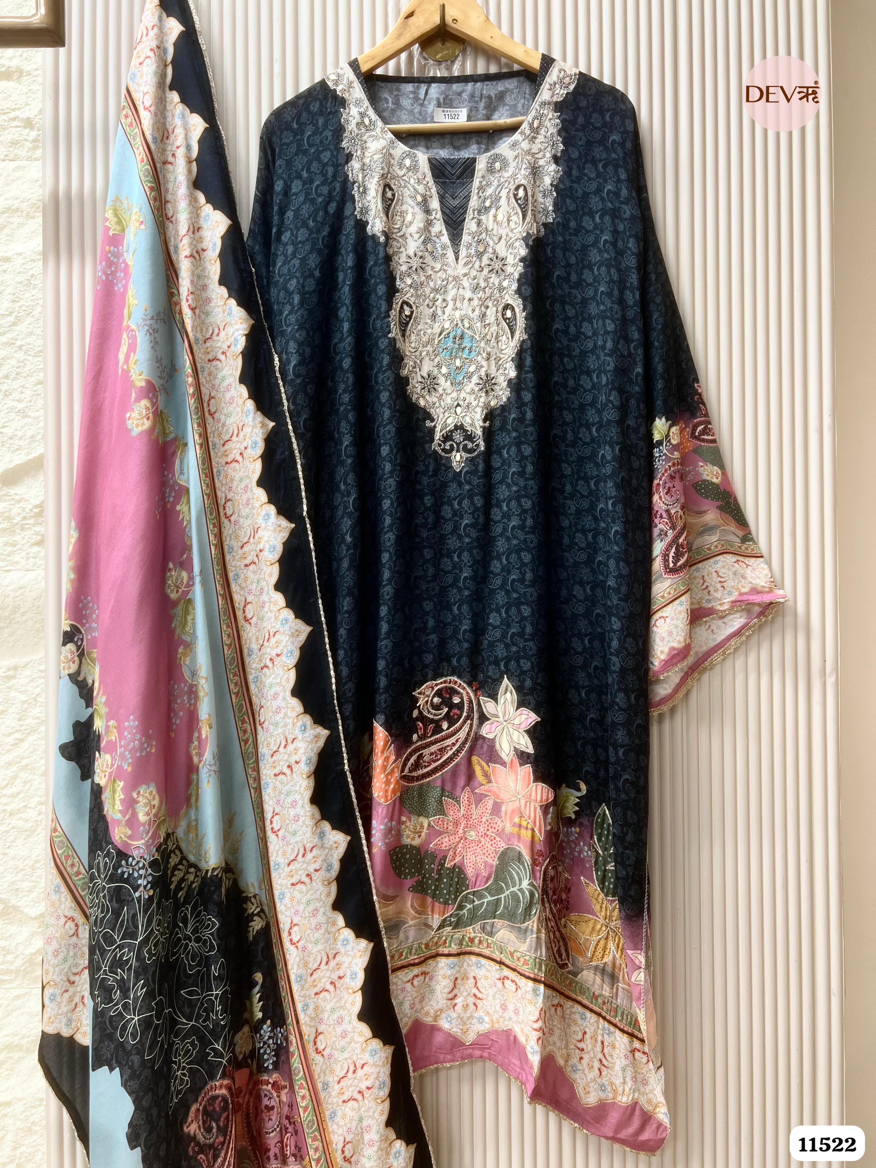 Black Muslin semi stitched hand embroidered -Set Of 3 {11522}