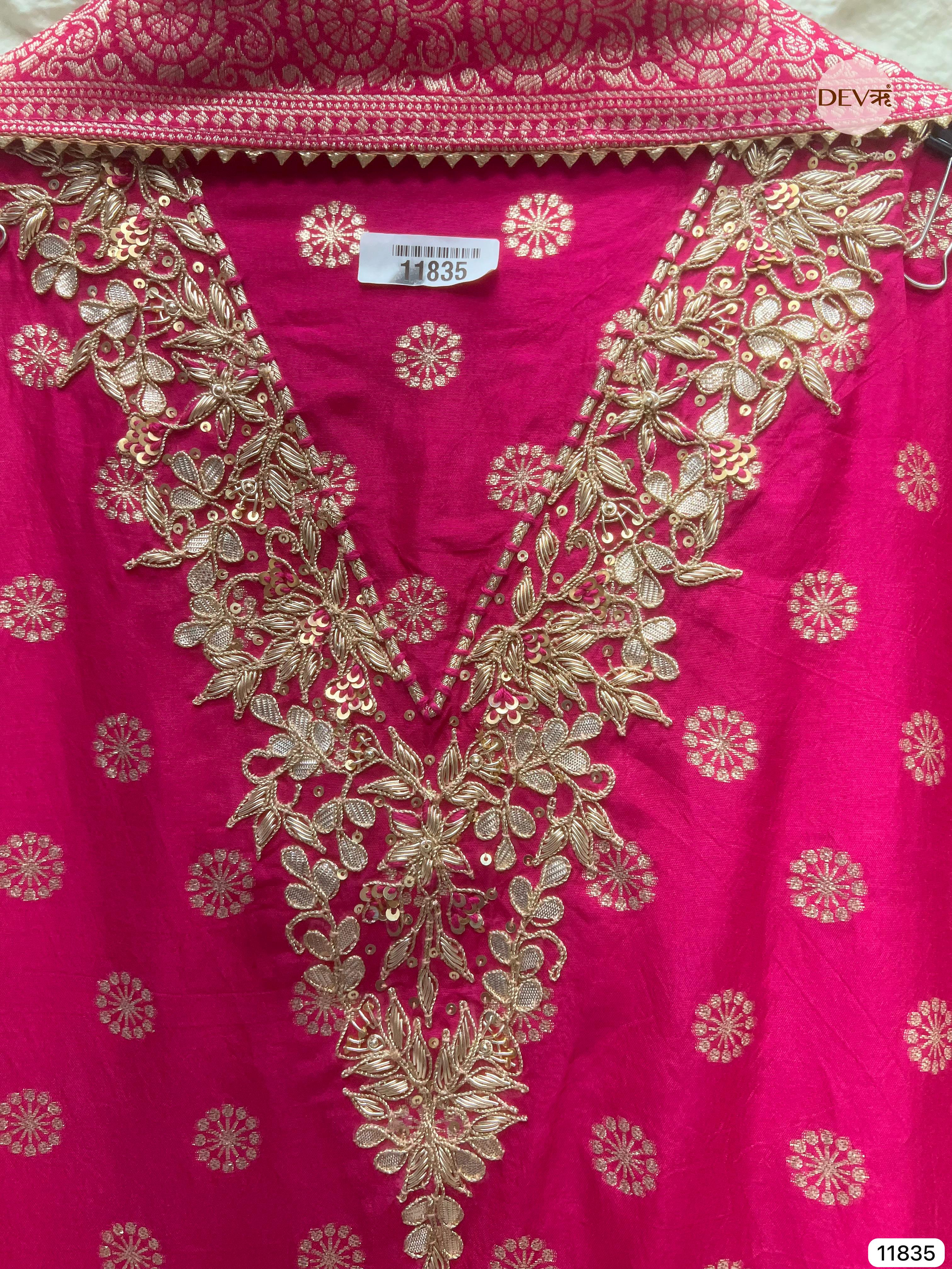 Pink Pure Dola Silk Unstitched Banarasi  Woven Hand Embroidered -Set Of 3- {11835}