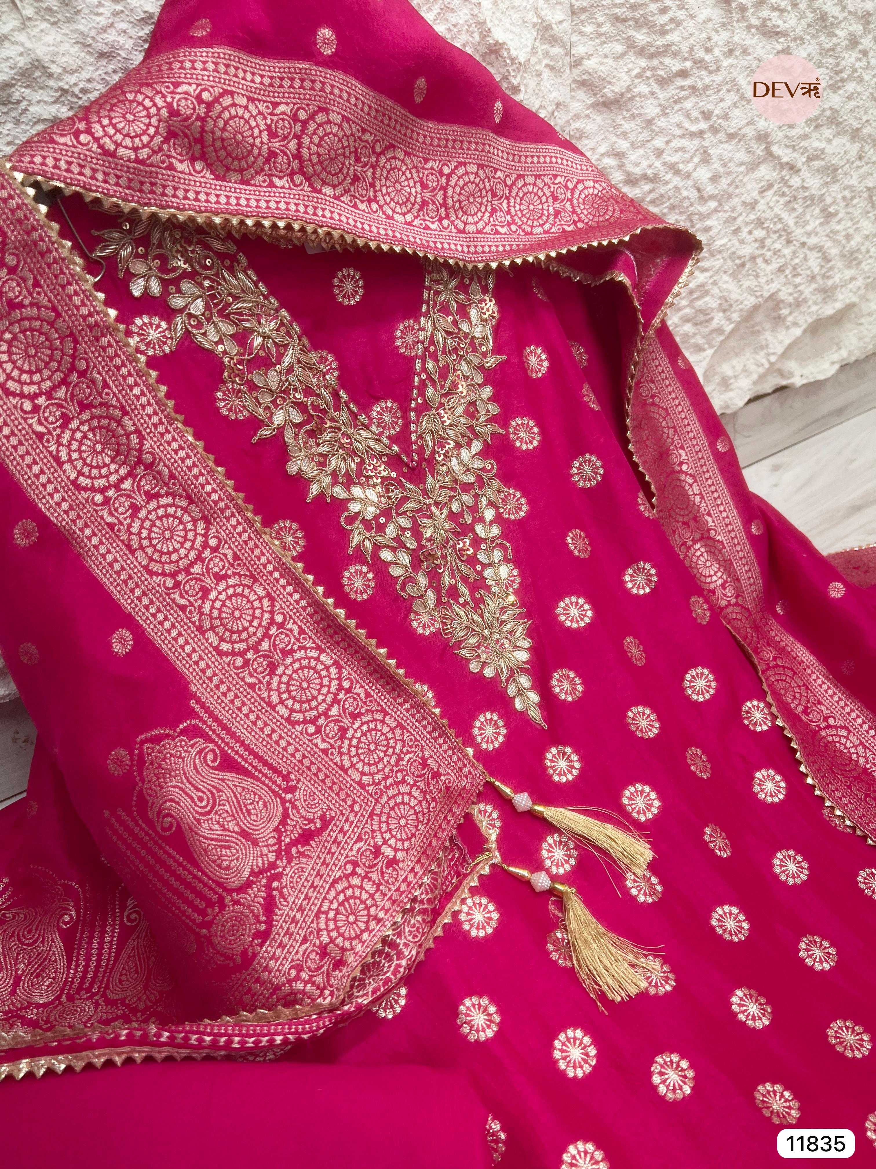 Pink Pure Dola Silk Unstitched Banarasi  Woven Hand Embroidered -Set Of 3- {11835}