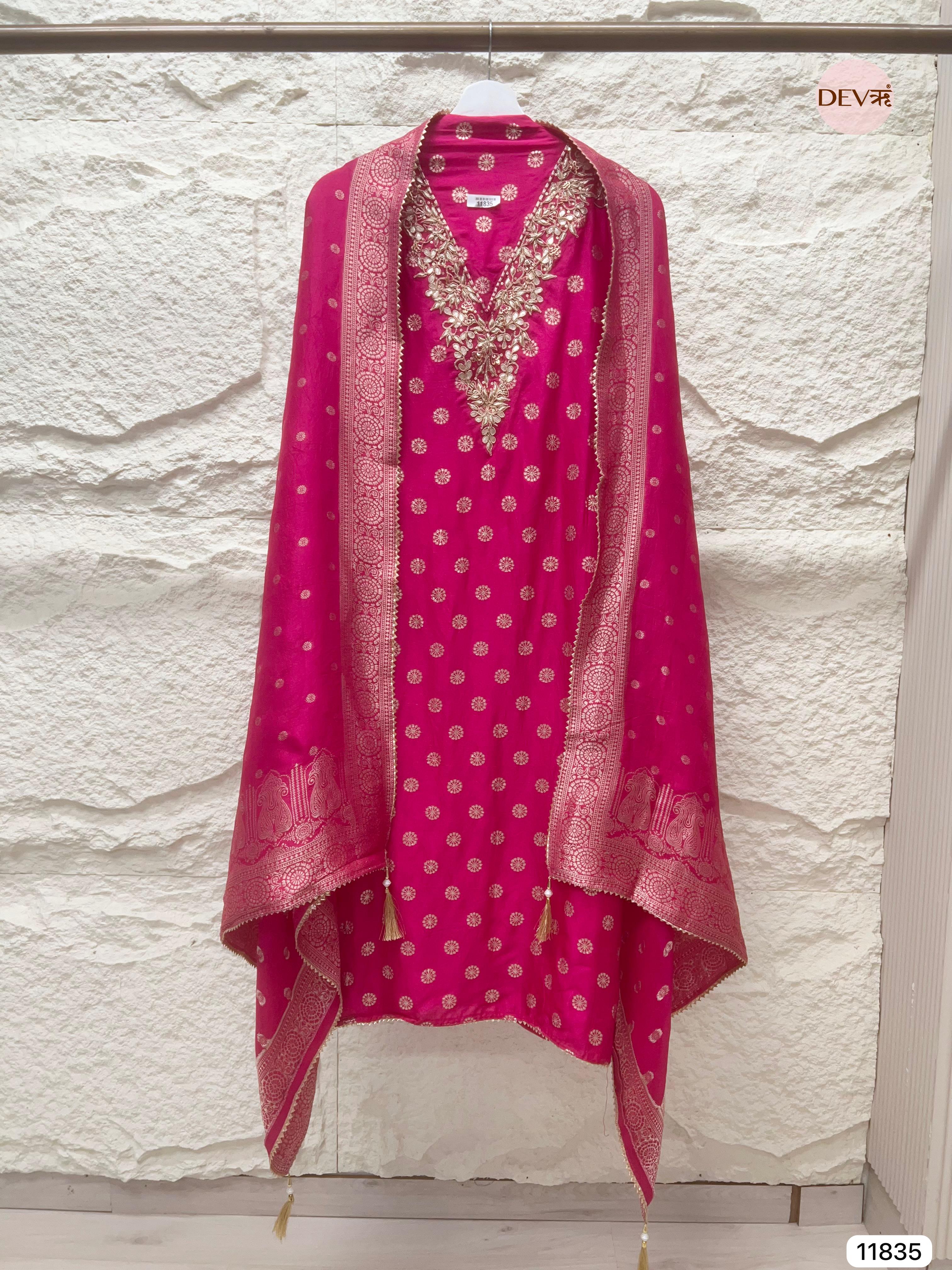 Pink Pure Dola Silk Unstitched Banarasi  Woven Hand Embroidered -Set Of 3- {11835}
