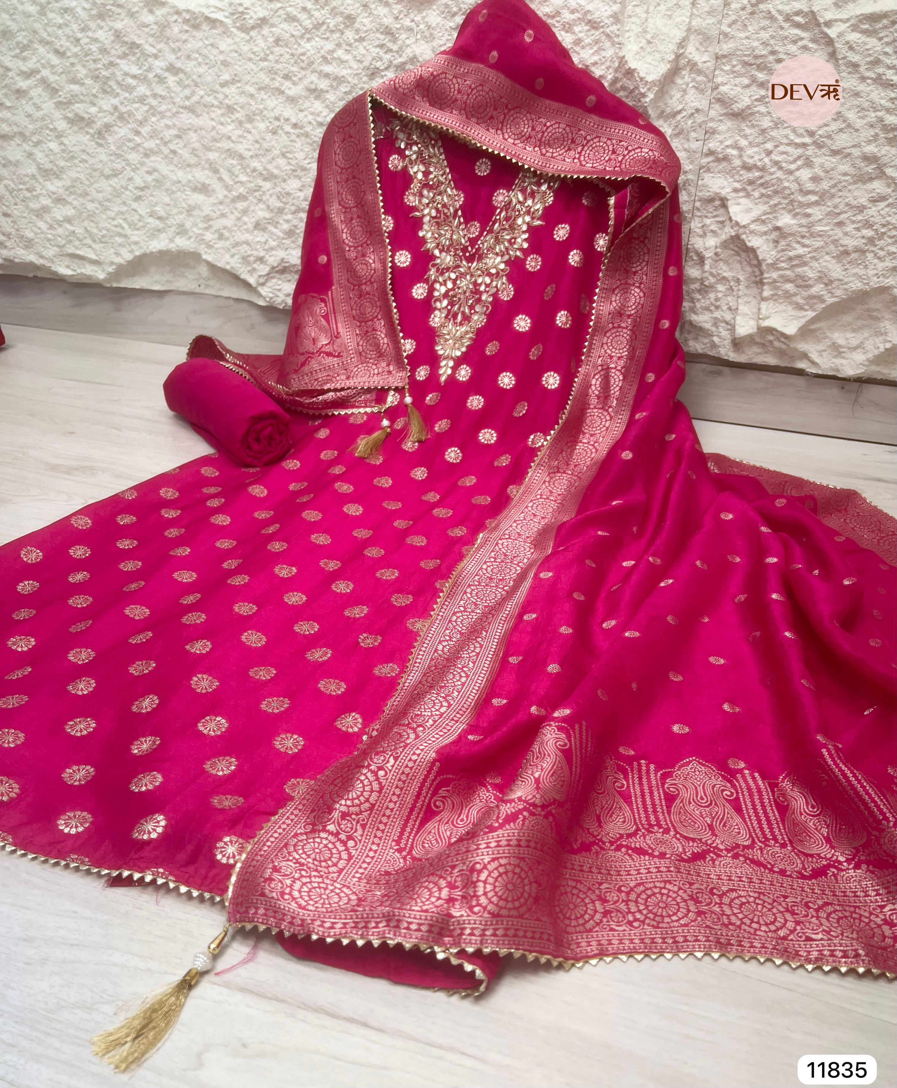 Pink Pure Dola Silk Unstitched Banarasi  Woven Hand Embroidered -Set Of 3- {11835}