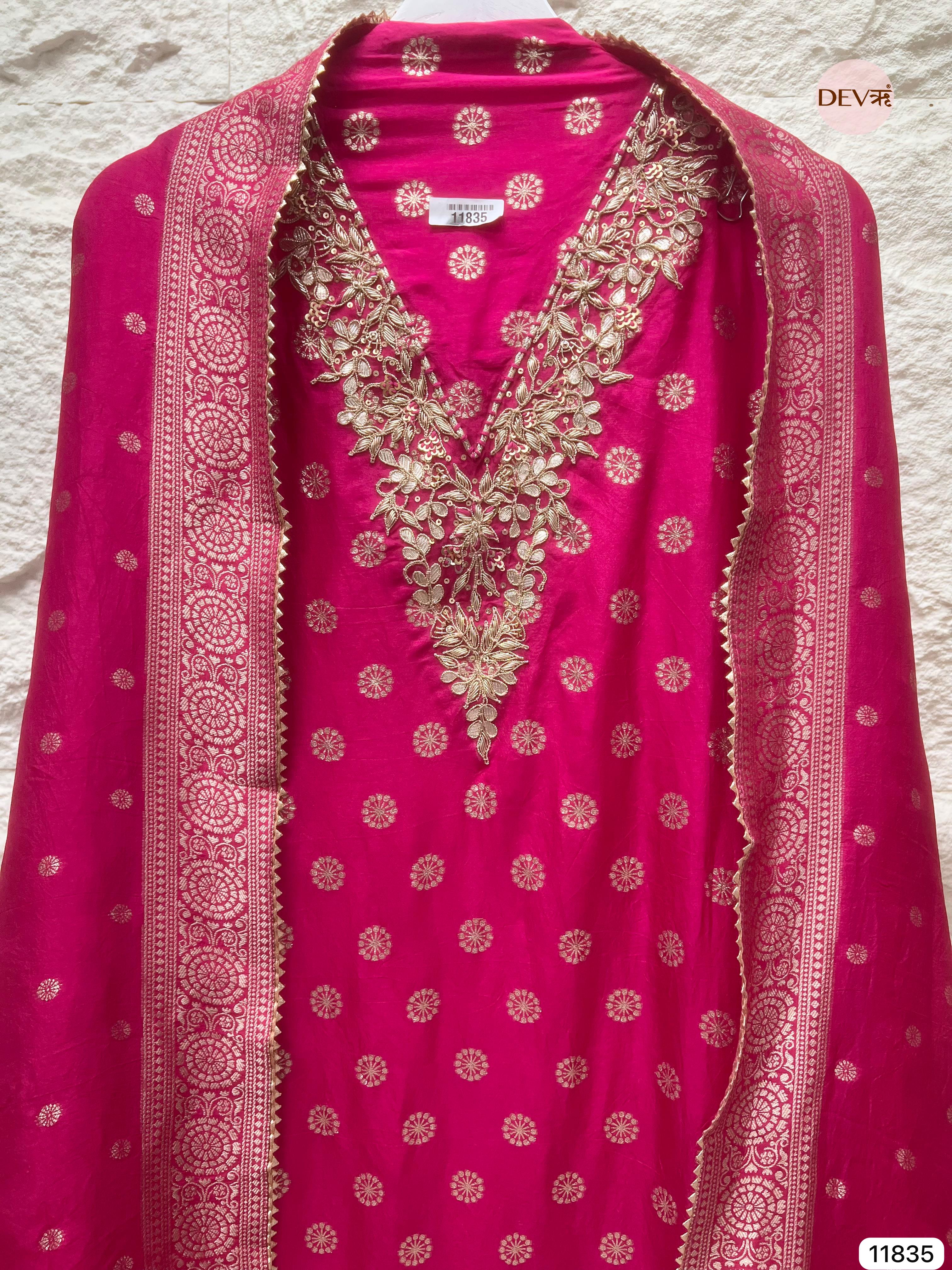 Pink Pure Dola Silk Unstitched Banarasi  Woven Hand Embroidered -Set Of 3- {11835}