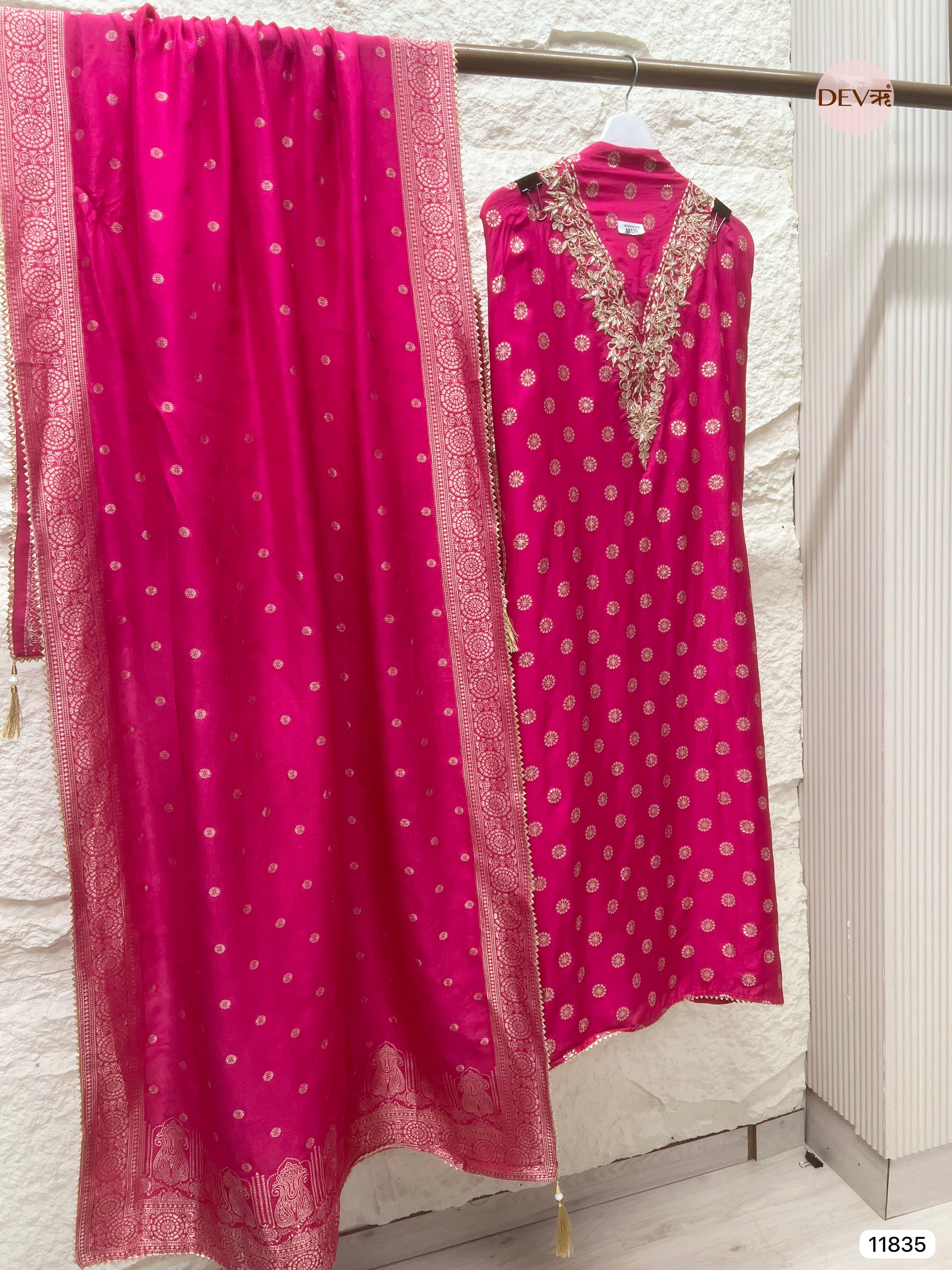 Pink Pure Dola Silk Unstitched Banarasi  Woven Hand Embroidered -Set Of 3- {11835}