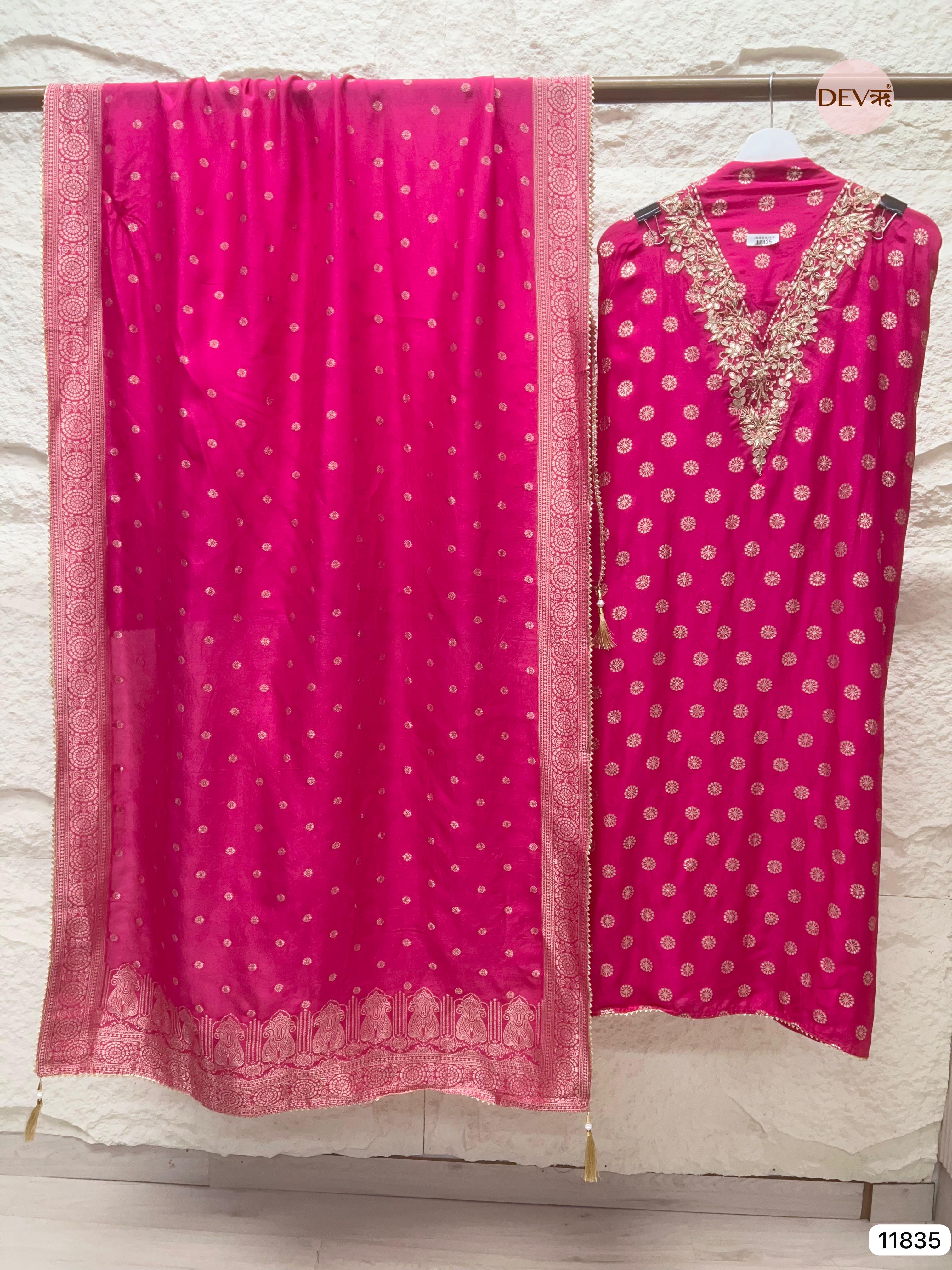 Pink Pure Dola Silk Unstitched Banarasi  Woven Hand Embroidered -Set Of 3- {11835}