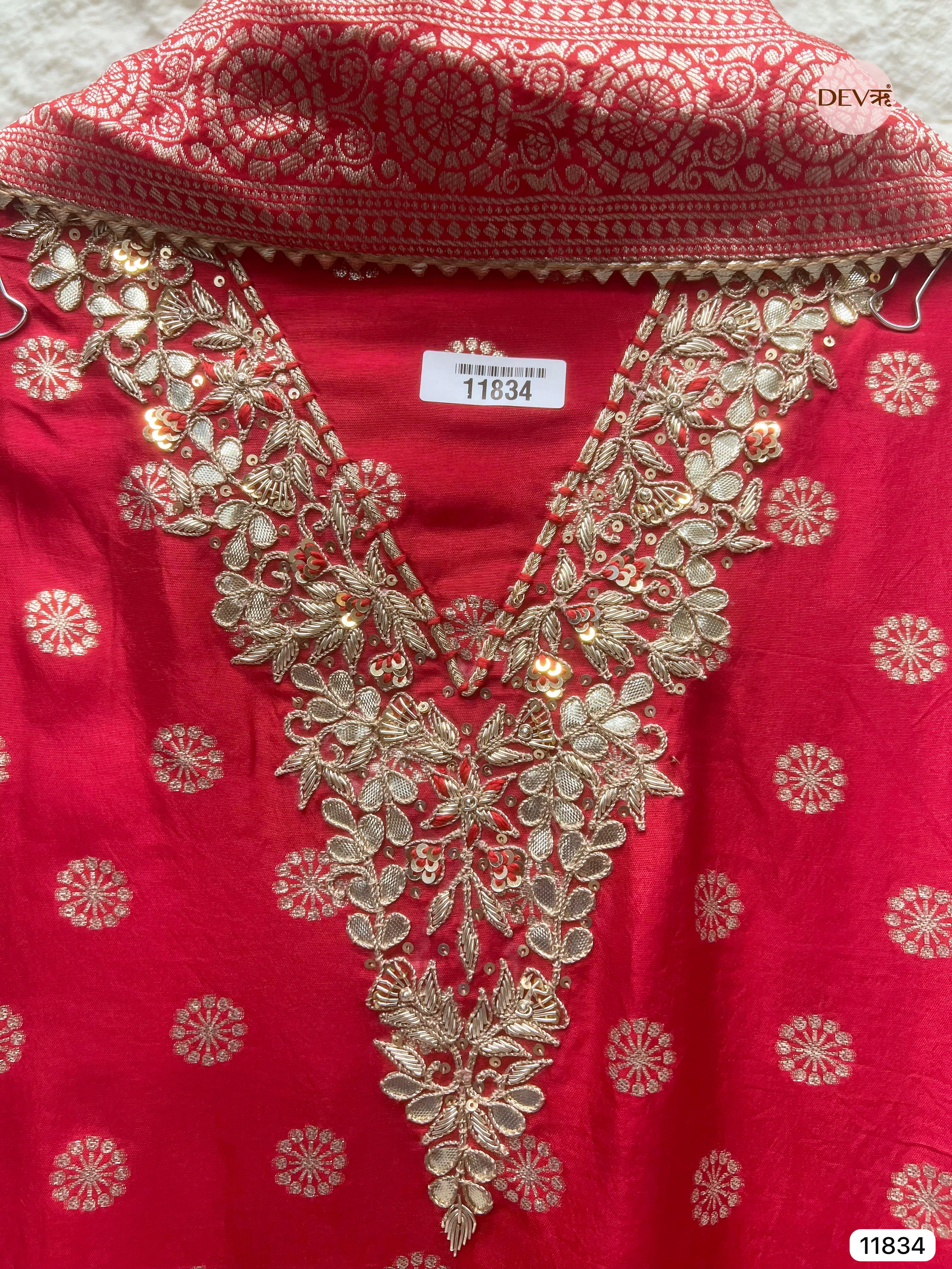 Red Pure Dola Silk Unstitched Banarasi Woven Hand Embroidered -Set Of 3- {11834}